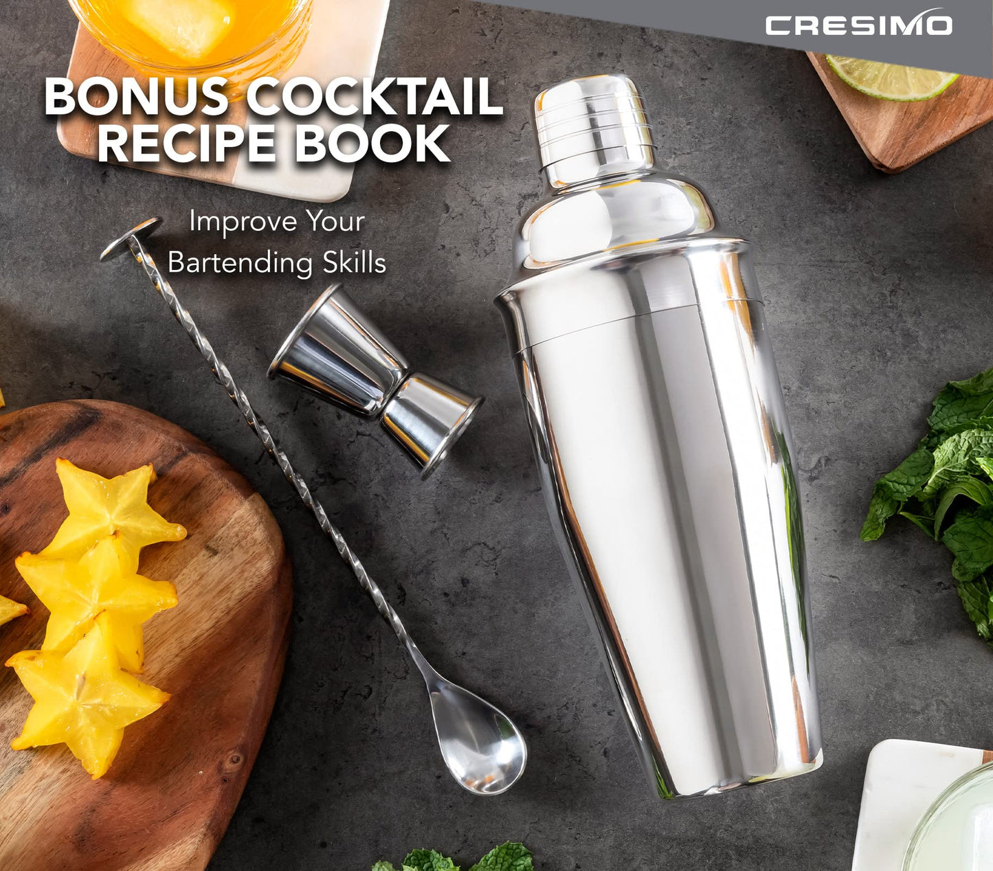 750mL Cocktail Shaker Set: 3pc Cocktail Making Set with Built-In Cocktail Strainer, Measuring Jigger Cocktail Spoon & Cocktail Kit Book - Stainless Steel Cocktail Set w/ Cocktail Shakers - Cresimo 710mL - 3pc Set