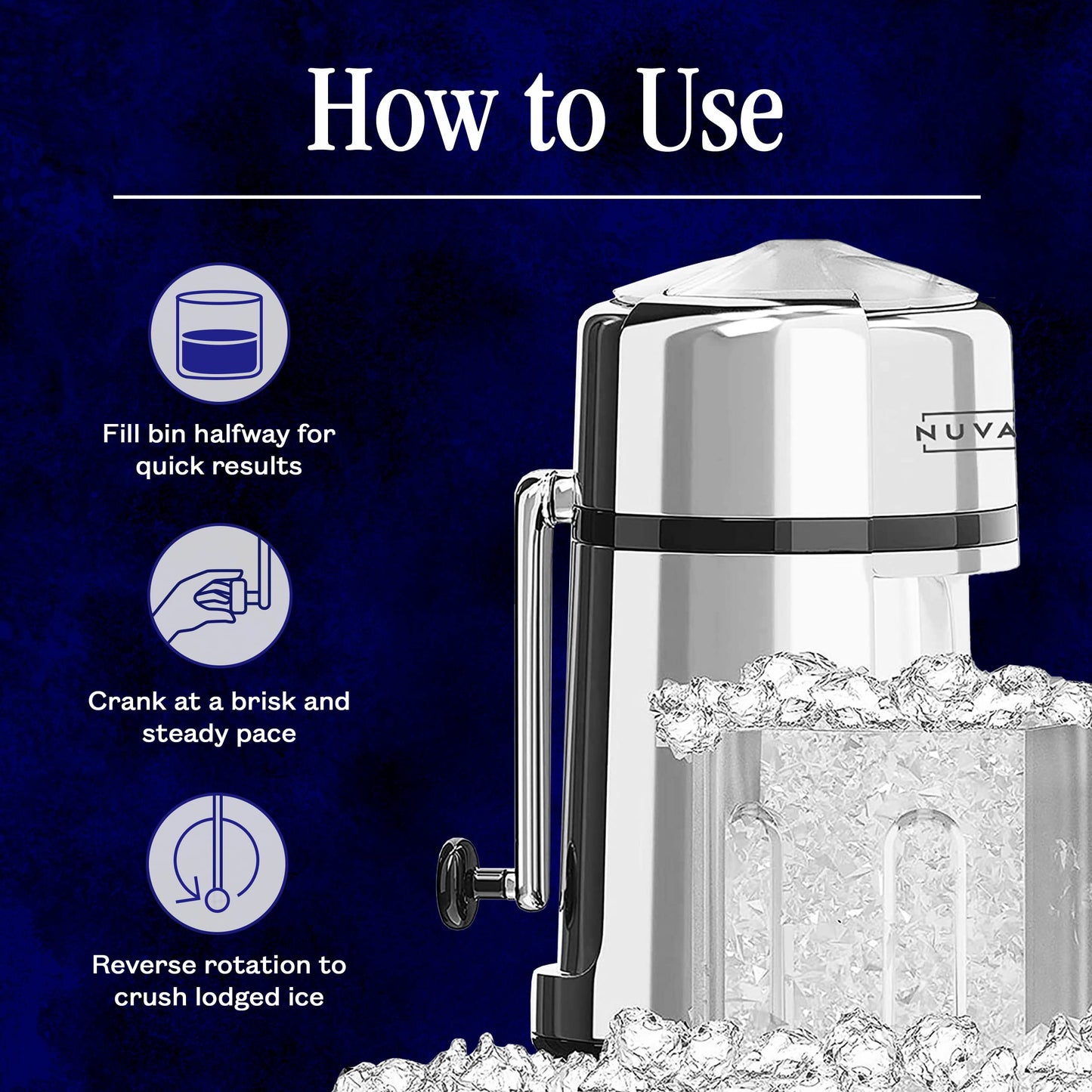 Nuvantee Ice Crusher – Manual Hand Crank Crushers w/Built-in Stainless-Steel Blades for Customisable Cubes - Bucket and Spoon Included