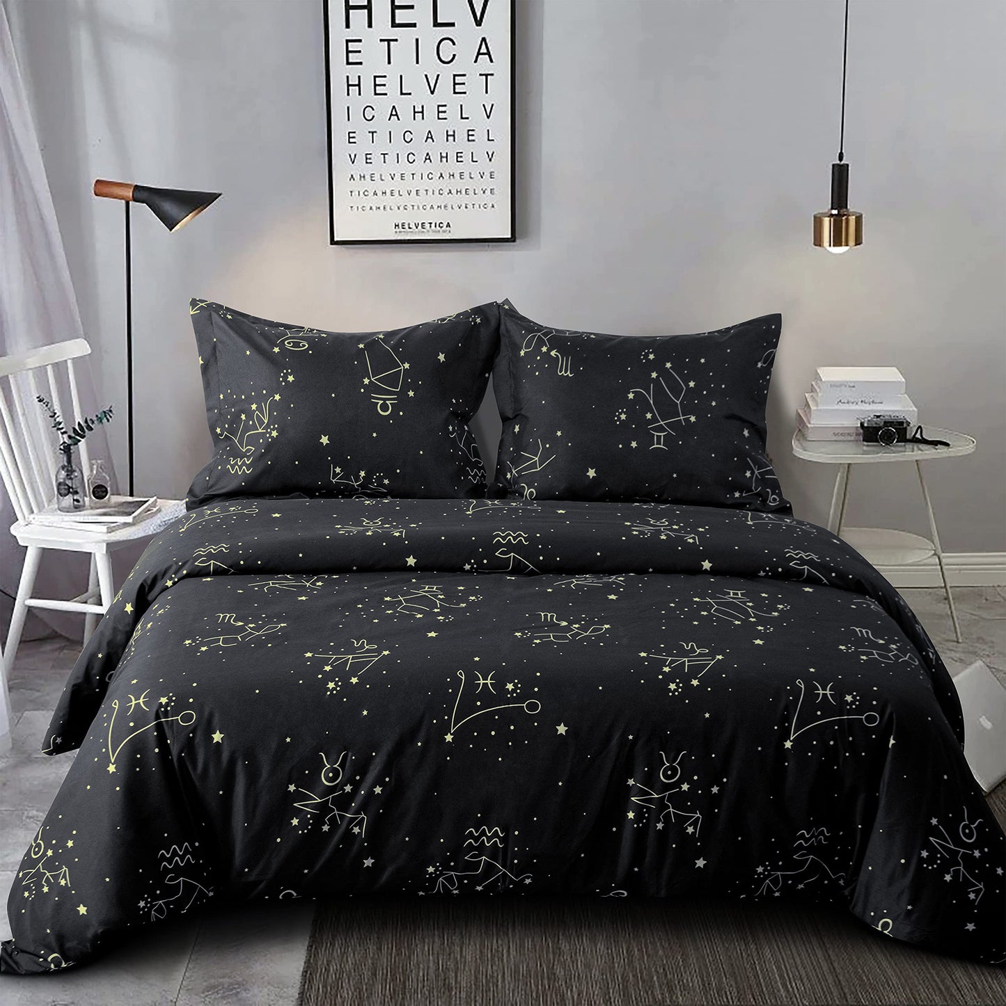 NTBAY 3 Pieces 100% Brushed Microfiber King Duvet Cover Set, Super Soft Black Background Printed Reversible Design Zippered Comforter Cover with Ties and 2 Oxford Pillowcases (King, Constellation)