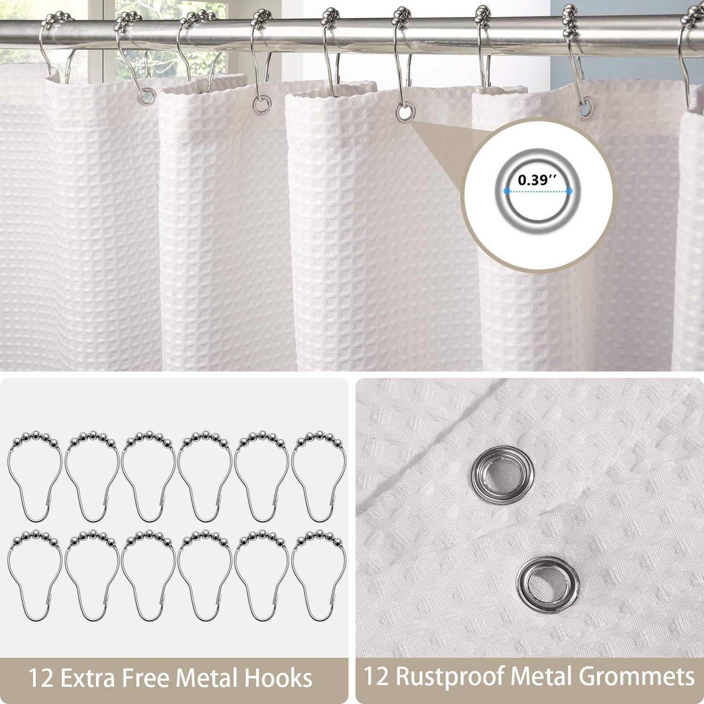 VANZAVANZU Shower Curtain for Bathroom with Metal Hooks Waffle Fabric Shower Curtain Heavy Duty Bath Curtain for Wet Room Bathtub Shower Stall, Weighted Hem, Water Resistant - 182 x 182cm (White) Waffle - White 182 x 182cm (WxH)