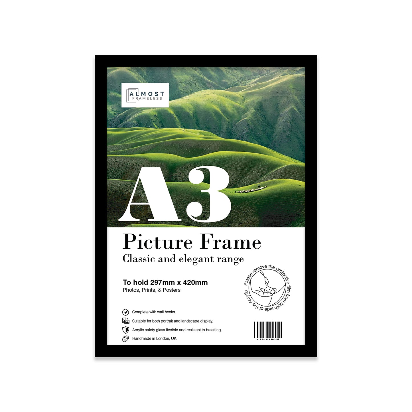 A3 Black Picture Frame, Fits A3 (29.7 x 42cm - 11.7 x 16.5in) Poster, Photo, or Print. Portrait and Horizontal Wall Hooks A3 Picture Frame