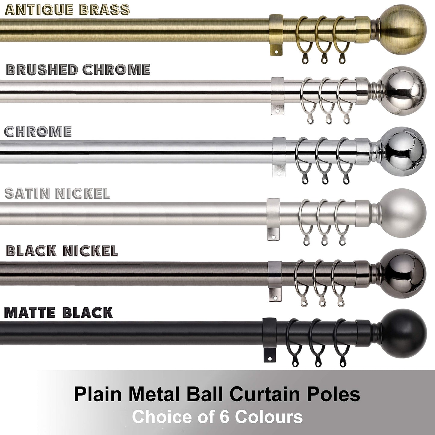 Plain Metal Ball Extendable Curtain Pole. Includes Pair Of Superior 60mm Size Finials, Rings, Brackets & Fittings Set. (Mat Black, 120cm - 210cm, 48 inch to 83 Inch) Mat Black