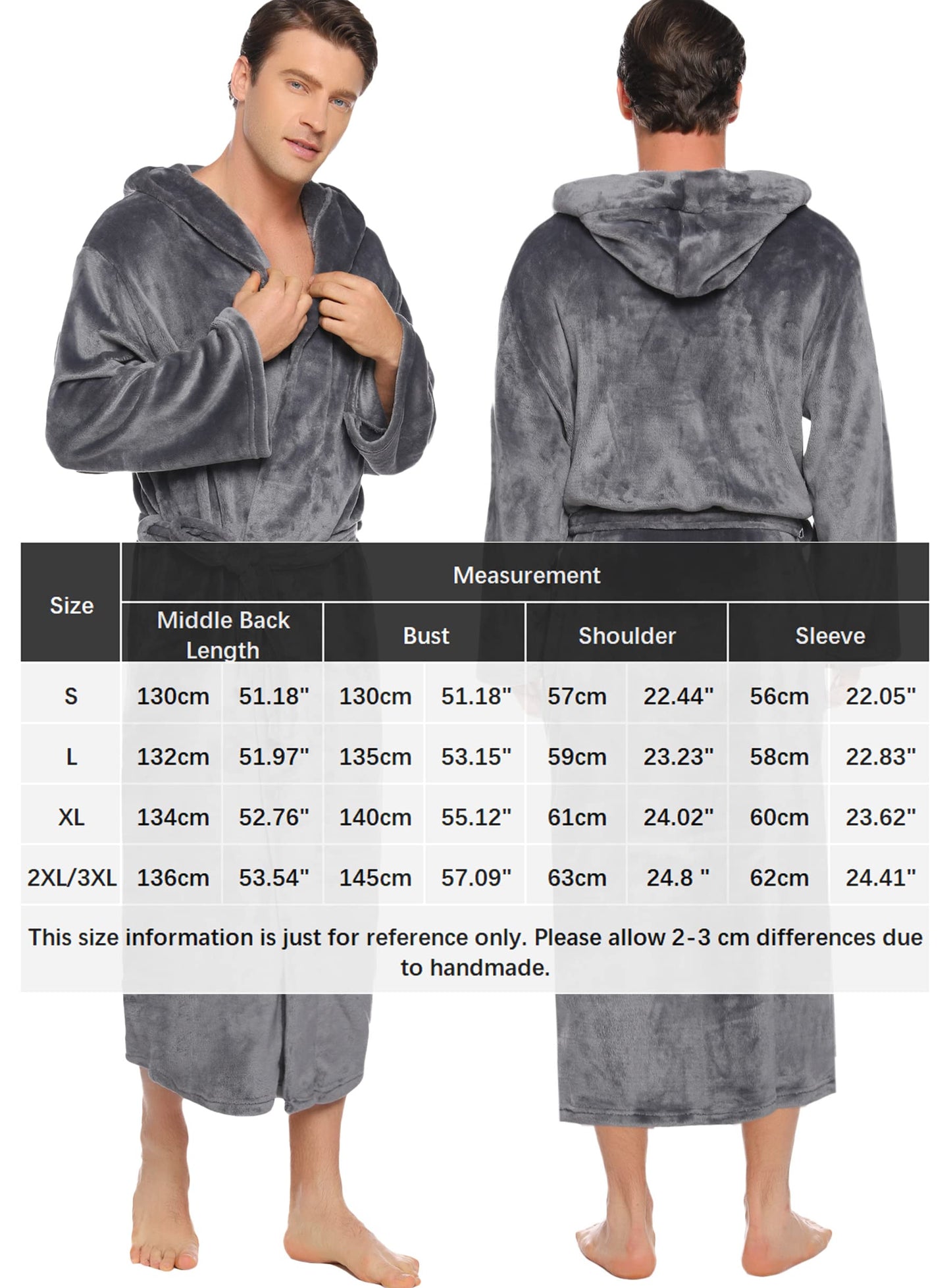 Vlazom Men Dressing Gown, Hooded Warm Robes Flannel Soft Bathrobe Fluffy Housecoat for Winter Dark Grey 3XL