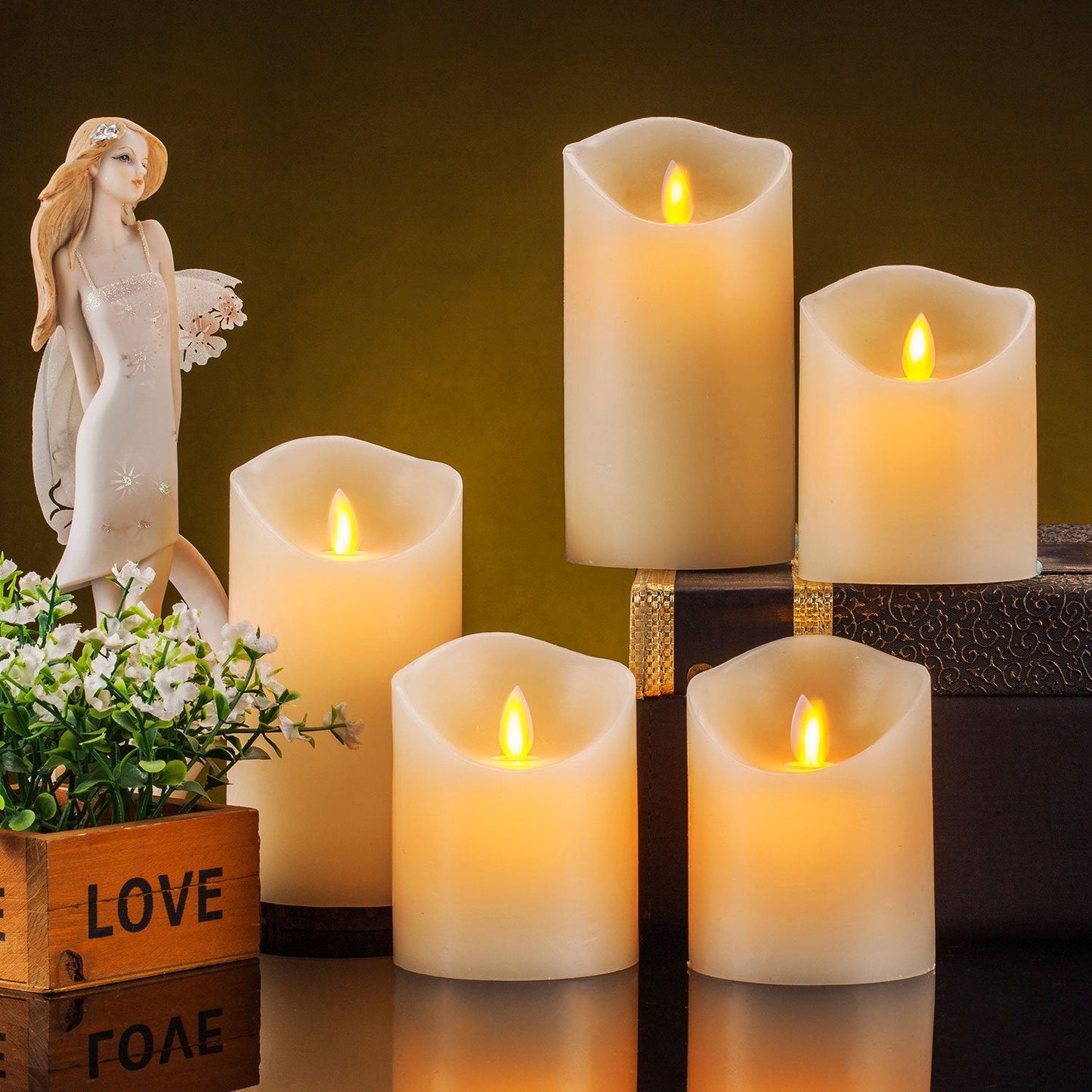 Aku Tonpa Flameless Candles Battery Operated Pillar Real Wax Flickering Moving Wick Electric LED Candle Set with Remote Control Cycling 24 Hours Timer, Pack of 5 5 Ivory Candles