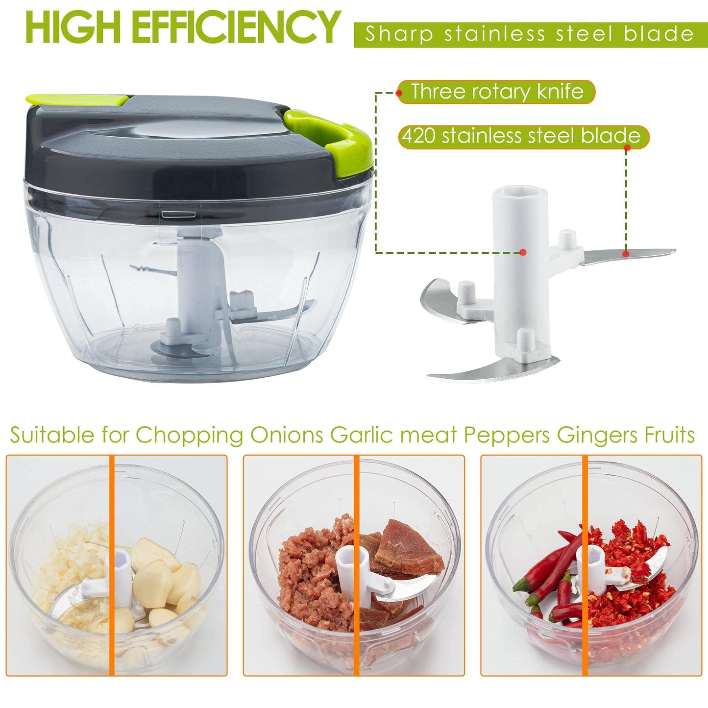 Sifenma Multi-Function Manual Food Chopper & Processors with Handle and Cover,Vegetable Chopper Shredder,Garlic Chopper,Suitable for Onions Garlic Peppers Carrots Fruits,Wonderful for Kitchen(Green) 500ml Green