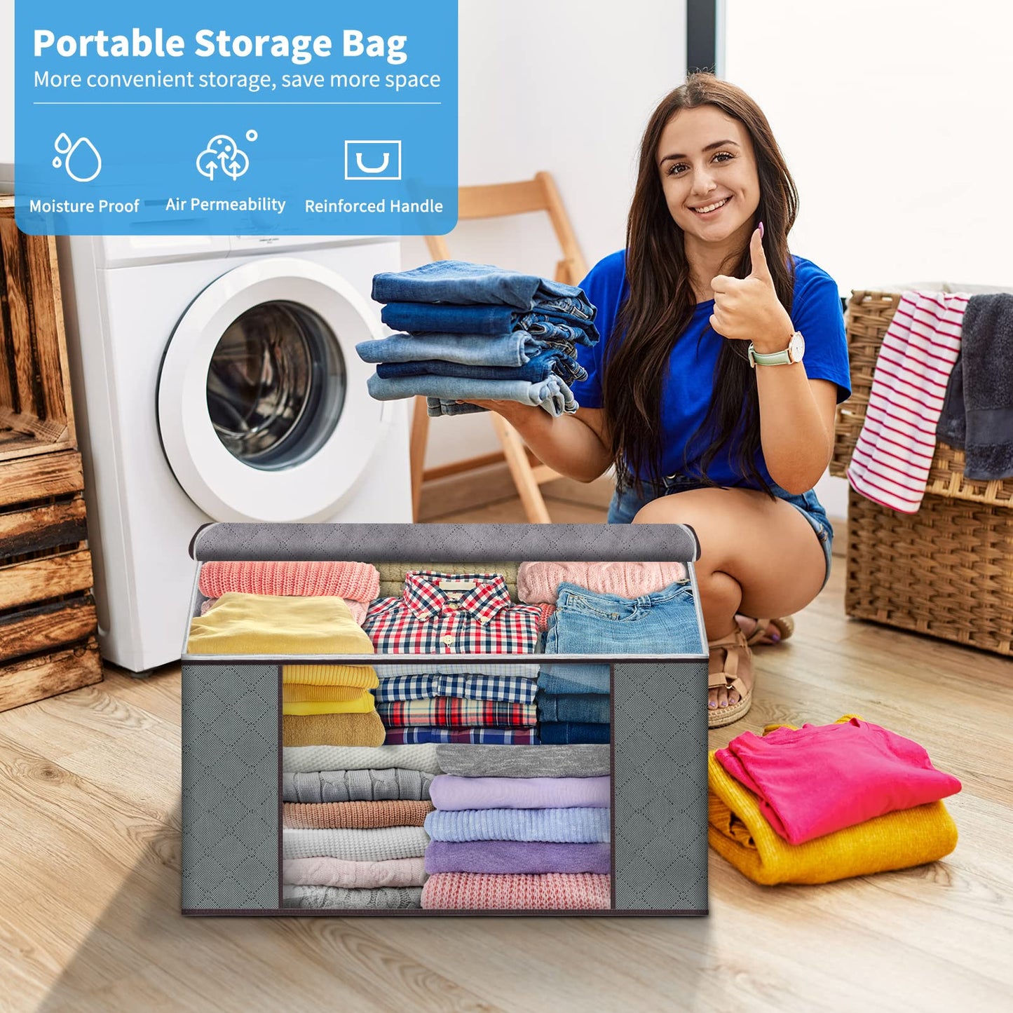 6 Pack Clothes Storage Bags Large Capacity Storage Boxes with Lid Foldable Packing Boxes for Moving House with Durable Handles Thick Fabric for Duvet Clothing Bedding Gray 6 Pack