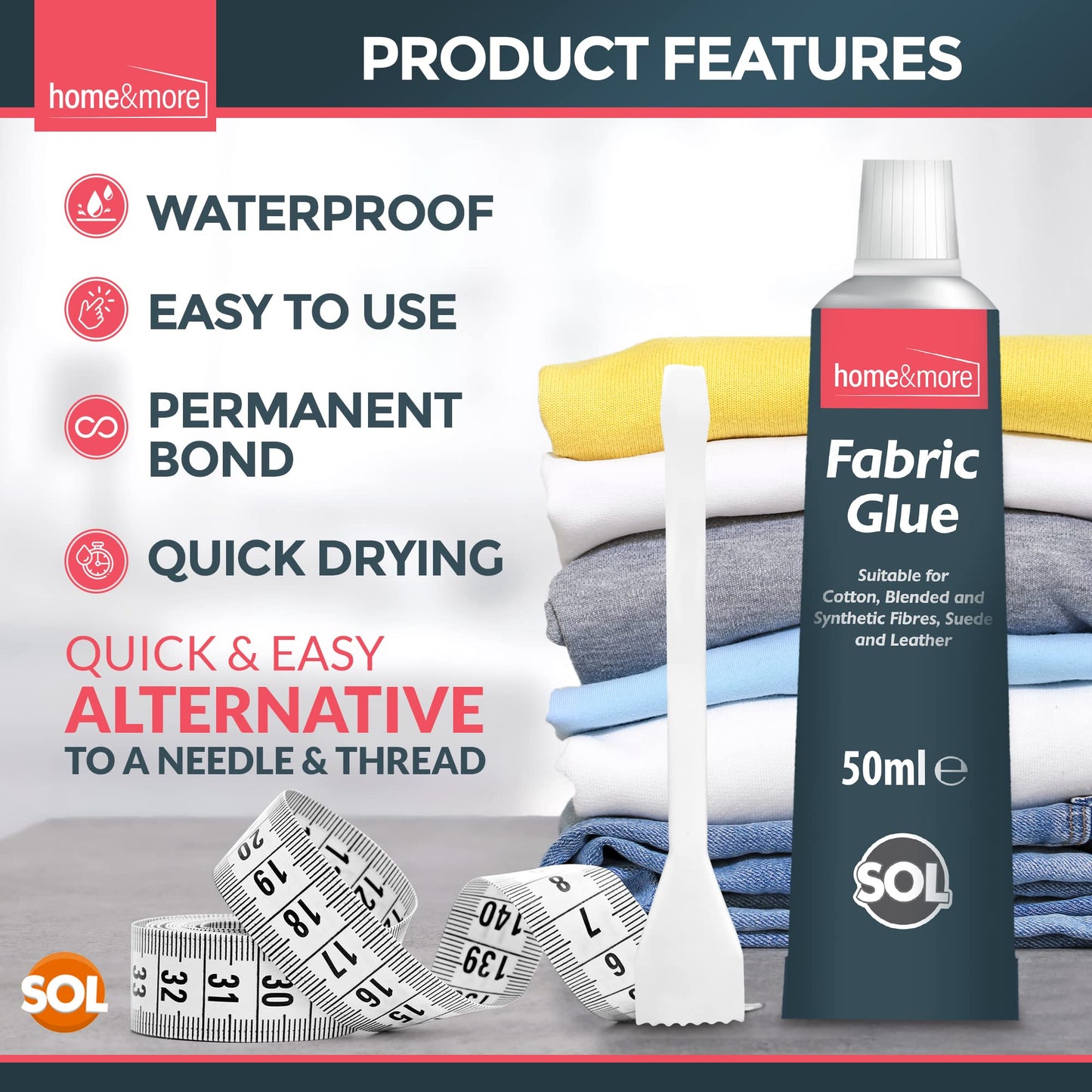 2pk Fabric Glue for Clothes | Includes 2 Fabric Glue Strong, Spreader & 150cm Tape Measure | Extra Strong 50ml Fabric Glue for Crafts, Upholstery, Material, Textile, Felt and Badges