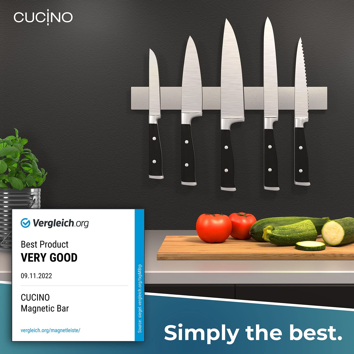 CUCINO Magnetic Knife Holder for Wall - 40cm (16") incl. Self Adhesive Magnetic Strip, Extra Strong Knife Magnets for Walls, Magnetic Knife Rack with Optional Installation Made of Stainless Steel