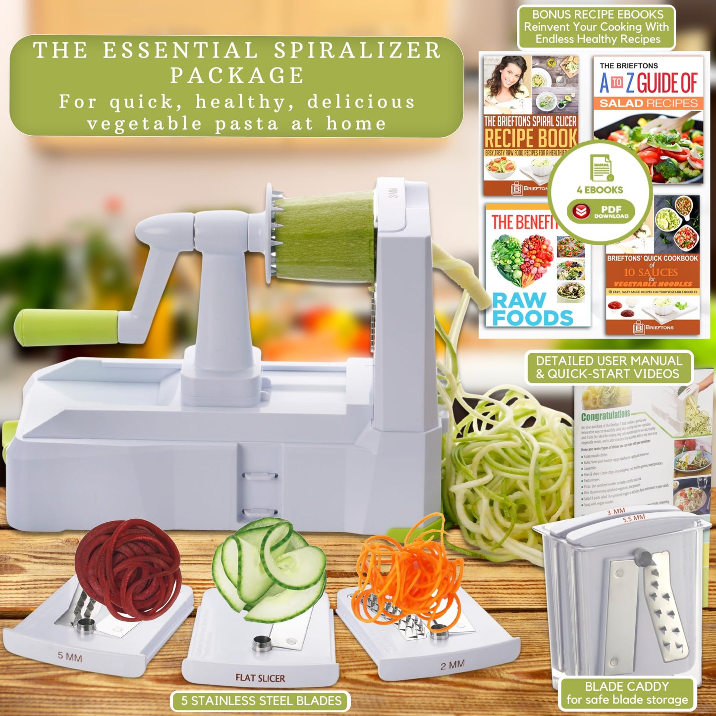 Brieftons 5-Blade Vegetable Spiralizer: Strongest-Heaviest Spiral Slicer, Best Veggie Pasta Spaghetti Maker for Low Carb/Paleo/Gluten-Free/Vegan Meals, with Extra Blade Caddy, 4 Recipe Ebooks 1. White (5 Blades)