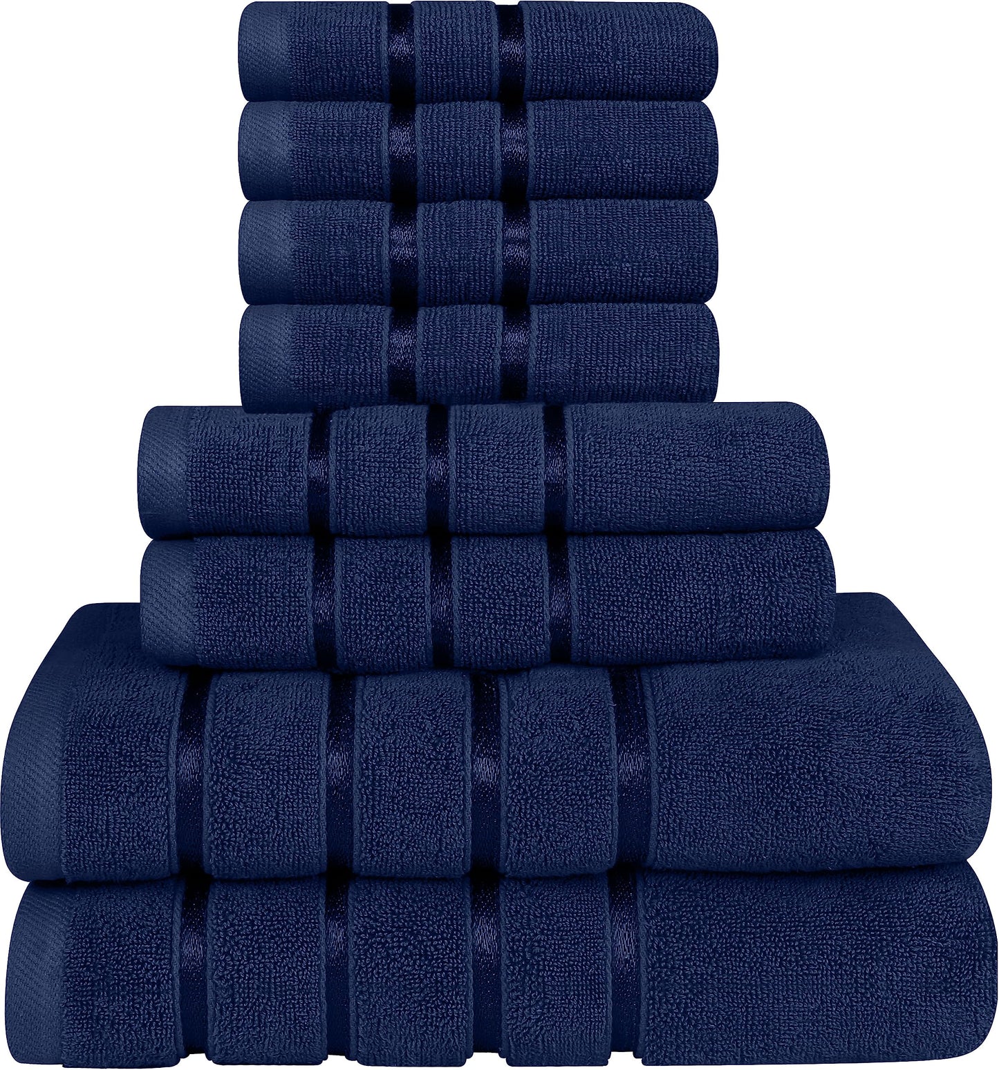 Utopia Towels 8-Piece Luxury Towel Set, 2 Bath Towels, 2 Hand Towels, and 4 Wash Cloths,97% Ring Spun Cotton Highly Absorbent Viscose Stripe Towels Ideal for Everyday use (Navy) Blue