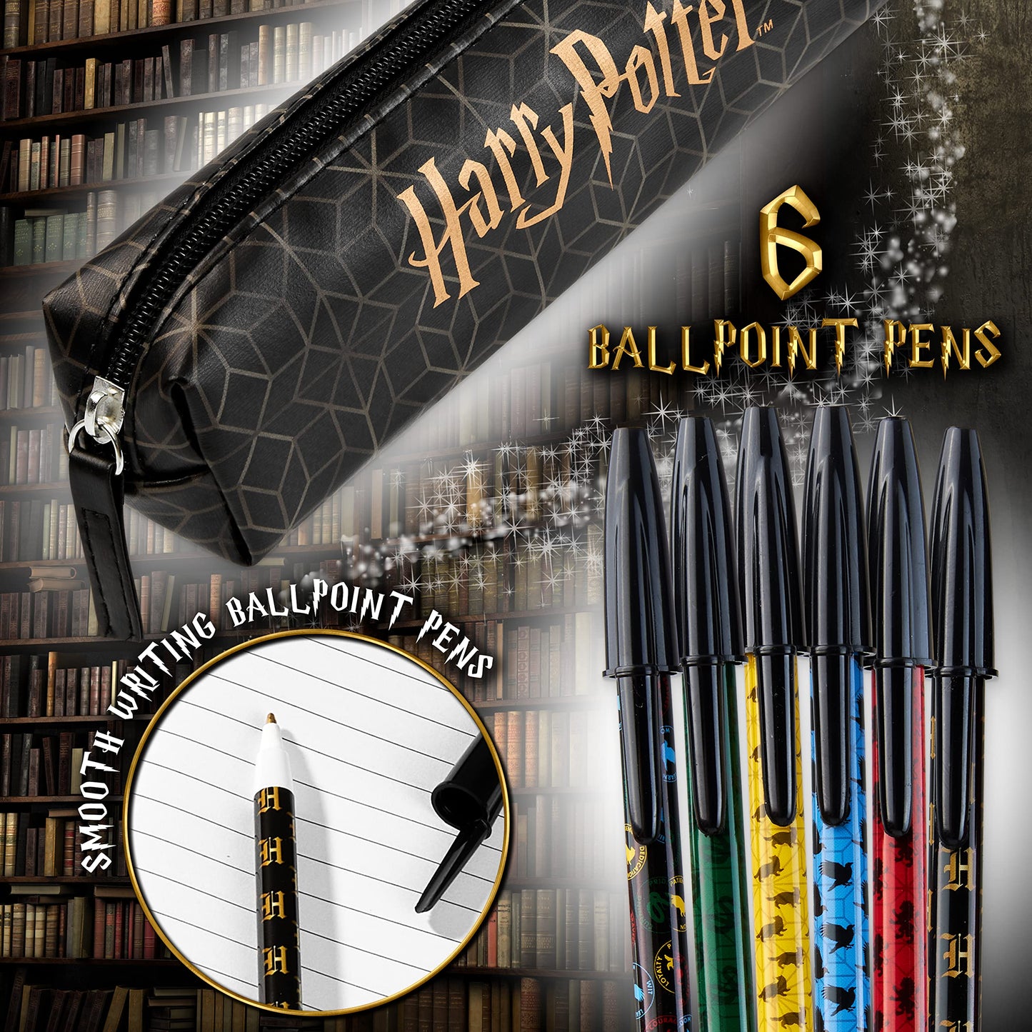 Harry Potter A5 Notebook and Pencil Case for Girls and Boys Stationery Set with Pens, School Supplies for Kids and Teens (Black/Gold) Black/Gold