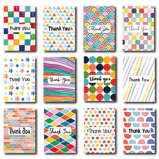 Pack of 24 Thank You Cards. 12 Beautiful Coloured Designs. Full Colour Inside Print. UK Made. (Geometric Mix Set of 24) Geometric Mix Set of 24