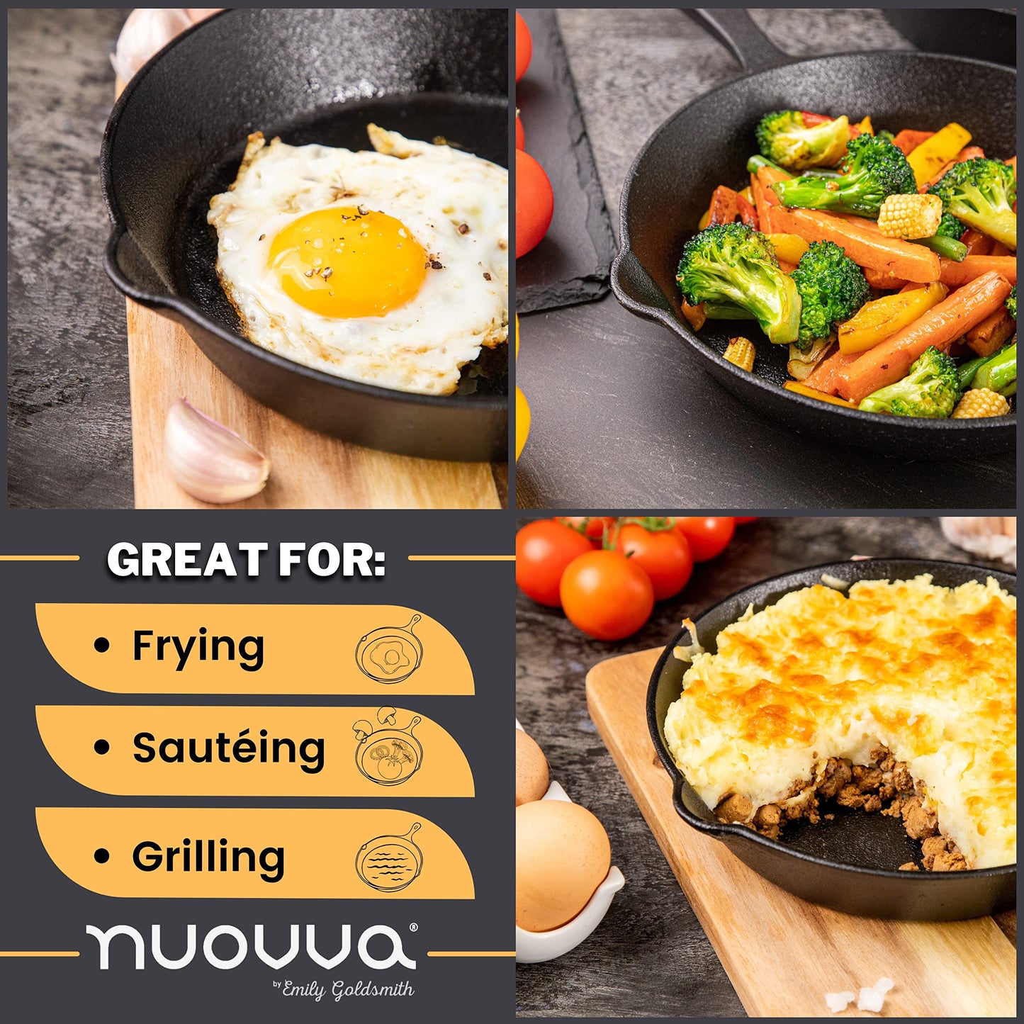 nuovva Pre-Seasoned Cast Iron Skillet Frying Pan Oven Safe Cookware for Indoor & Outdoor Use - Grill, StoveTop, Black (10inch - 25cm) 10 inch