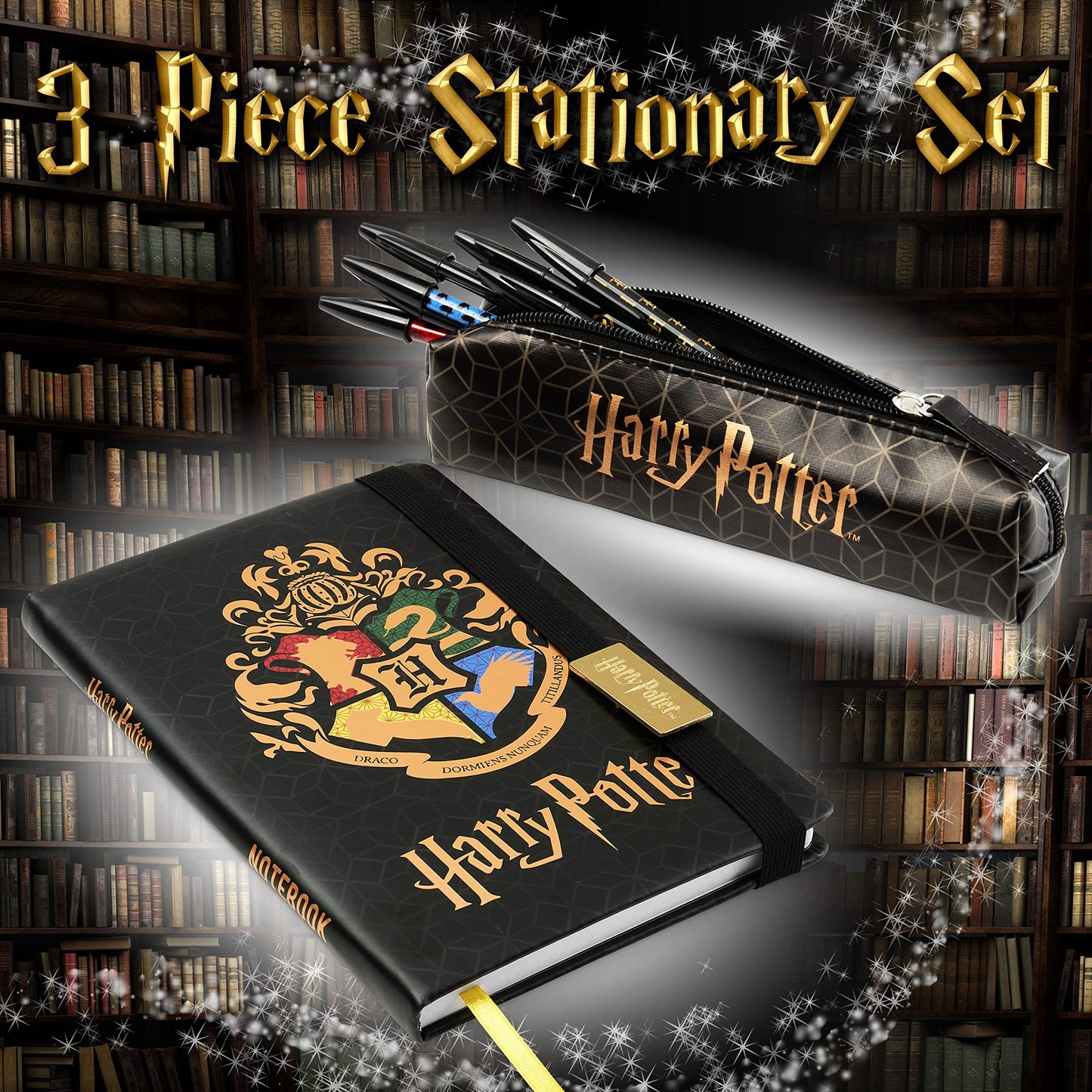 Harry Potter A5 Notebook and Pencil Case for Girls and Boys Stationery Set with Pens, School Supplies for Kids and Teens (Black/Gold) Black/Gold