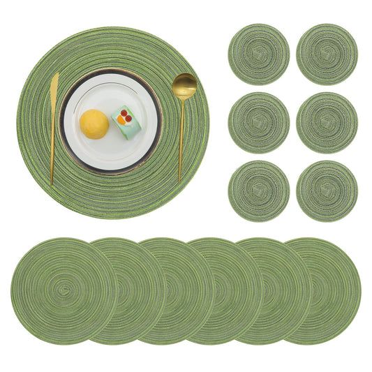 Pauwer Round Placemats and Coasters Set of 6, Green Non Slip Washbale Table Mats and Coasters Sets Heat Resistant Decor Table Place Mats 6pc placemats and 6pc coasters