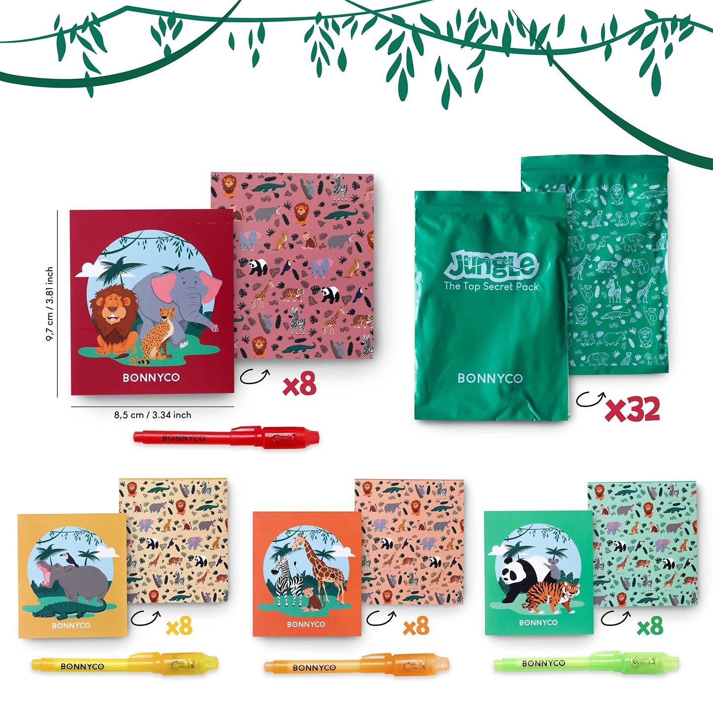 BONNYCO Invisible Ink Pen and Notebook, Pack 32 Jungle Animals Party Bags Filler, Pinata Toys | Jungle Birthday Decorations | Stocking Fillers for Kids Birthday | School Prizes, Gifts for Children Jungle - Pack 32