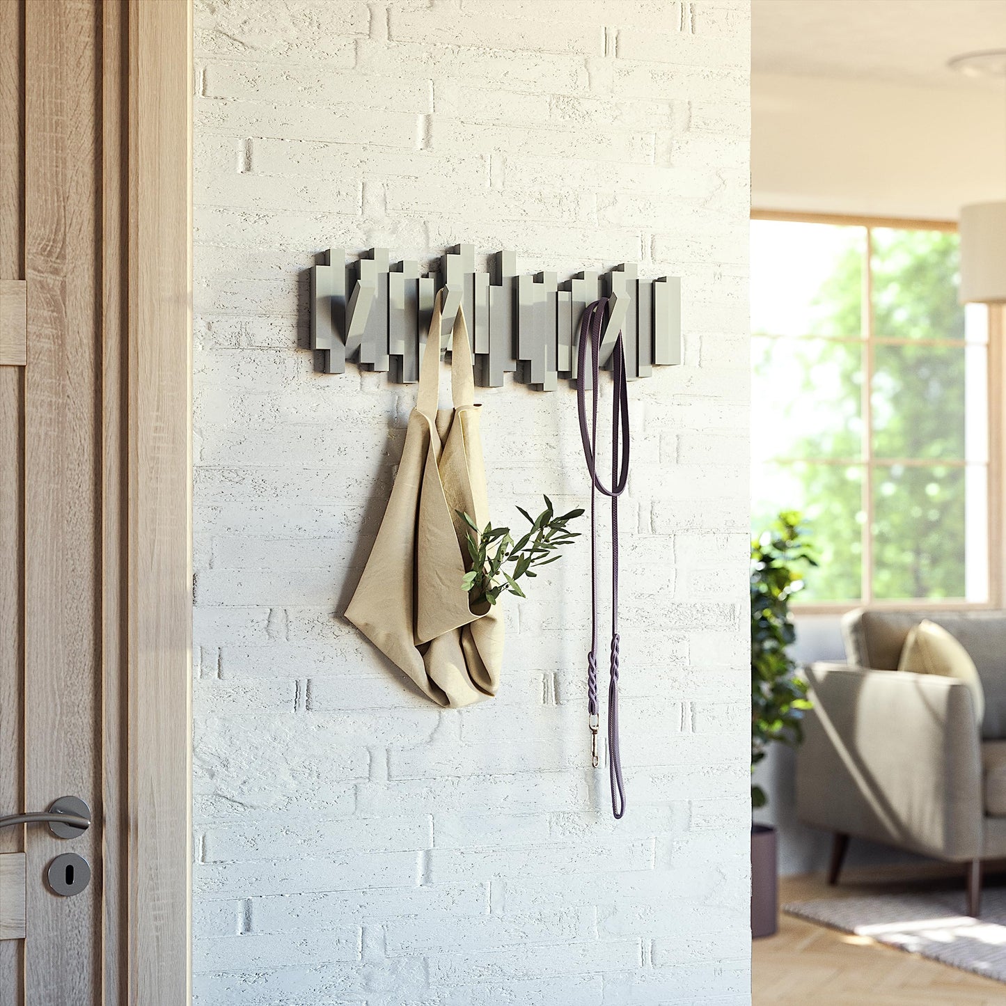 Umbra Sticks Multi Hook Coat Rack - Modern, Unique, Space-Saving Wall Mounted Coat Hanger with 5 Flip-Down Hooks for Hanging Coats, Scarves, Purses and More, Grey