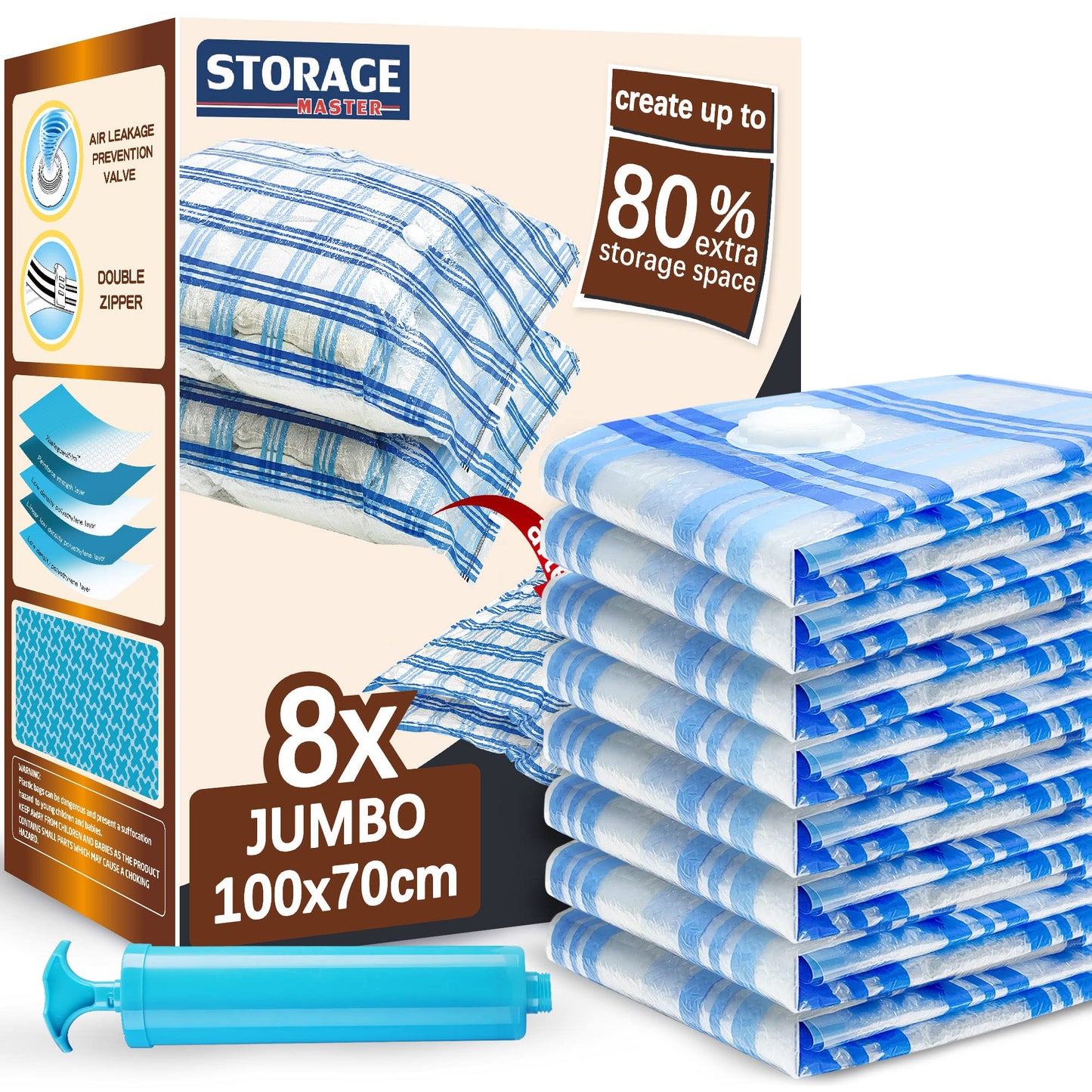 Storage Master Vacuum Storage Bags, 8-pack Jumbo Size Space Saver Bags 80% More Storage Space with Hand Pump (Jumbo 8 Pack) Jumbo 8 Pack + Hand Pump