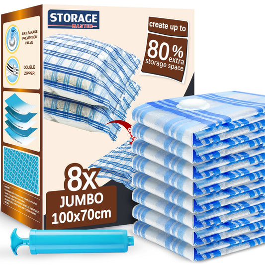 Storage Master Vacuum Storage Bags, 8-pack Jumbo Size Space Saver Bags 80% More Storage Space with Hand Pump (Jumbo 8 Pack) Jumbo 8 Pack + Hand Pump