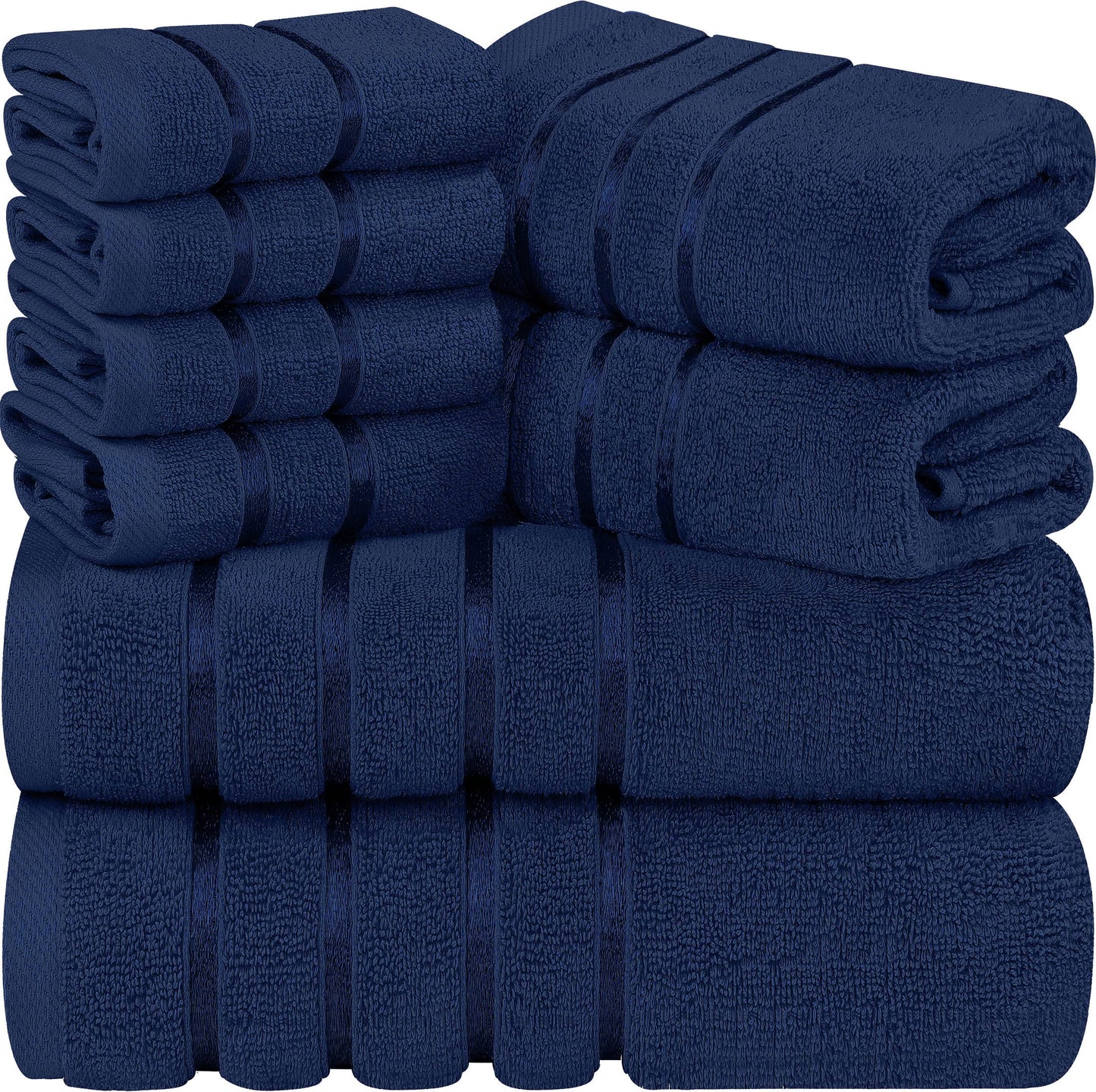 Utopia Towels 8-Piece Luxury Towel Set, 2 Bath Towels, 2 Hand Towels, and 4 Wash Cloths,97% Ring Spun Cotton Highly Absorbent Viscose Stripe Towels Ideal for Everyday use (Navy) Blue