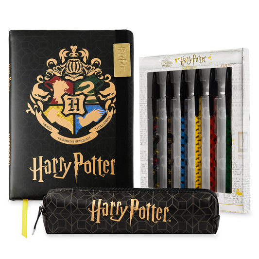 Harry Potter A5 Notebook and Pencil Case for Girls and Boys Stationery Set with Pens, School Supplies for Kids and Teens (Black/Gold) Black/Gold