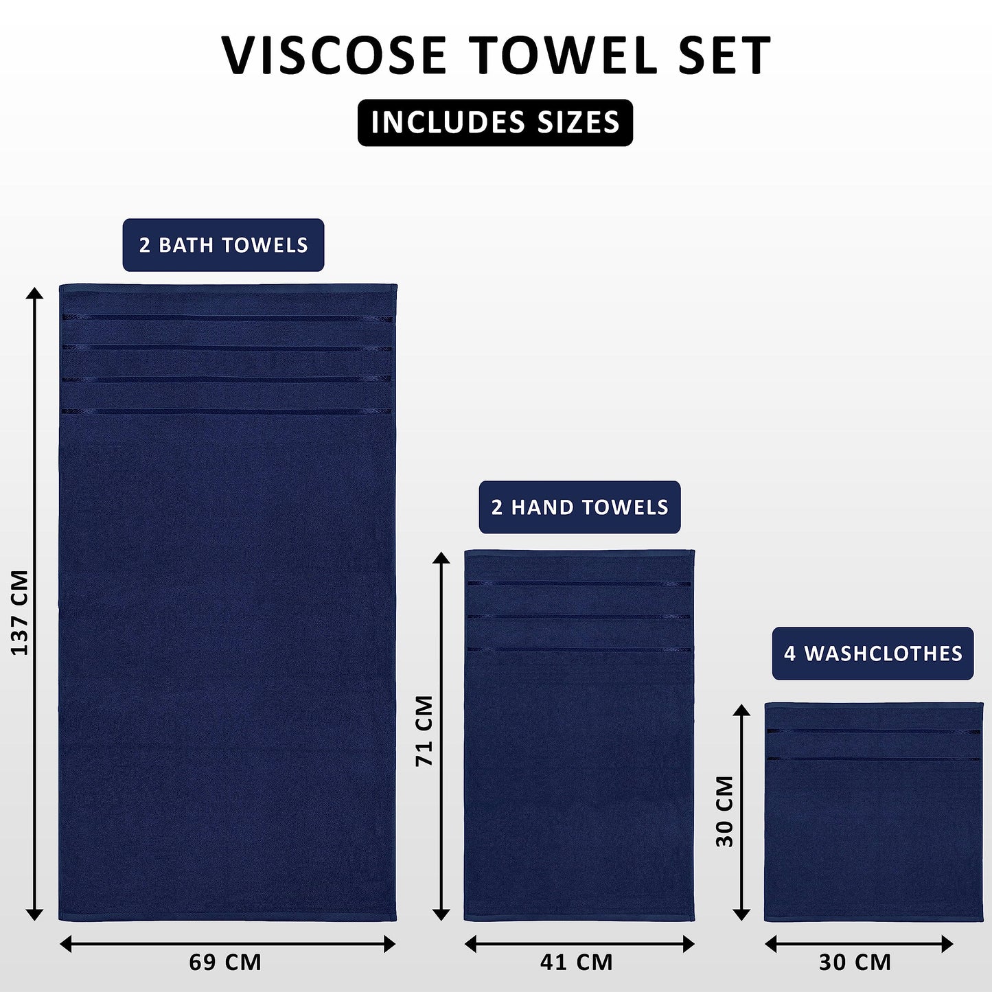 Utopia Towels 8-Piece Luxury Towel Set, 2 Bath Towels, 2 Hand Towels, and 4 Wash Cloths,97% Ring Spun Cotton Highly Absorbent Viscose Stripe Towels Ideal for Everyday use (Navy) Blue