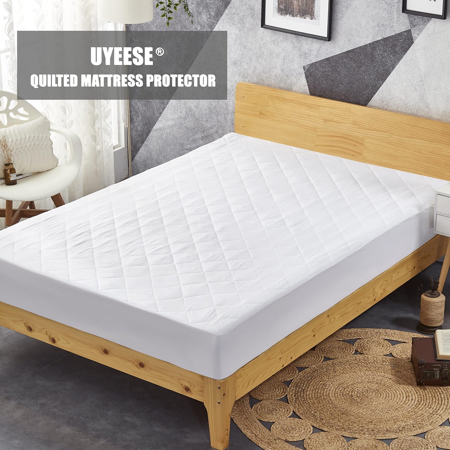 UYEESE King Size Mattress Protector - Quilted Extra Deep Pocket Mattress Cover, Breathable Hypoallergenic and Noiseless Mattress Pad Fitted Bed Sheet (King 152 x 203 + 40 cm) White