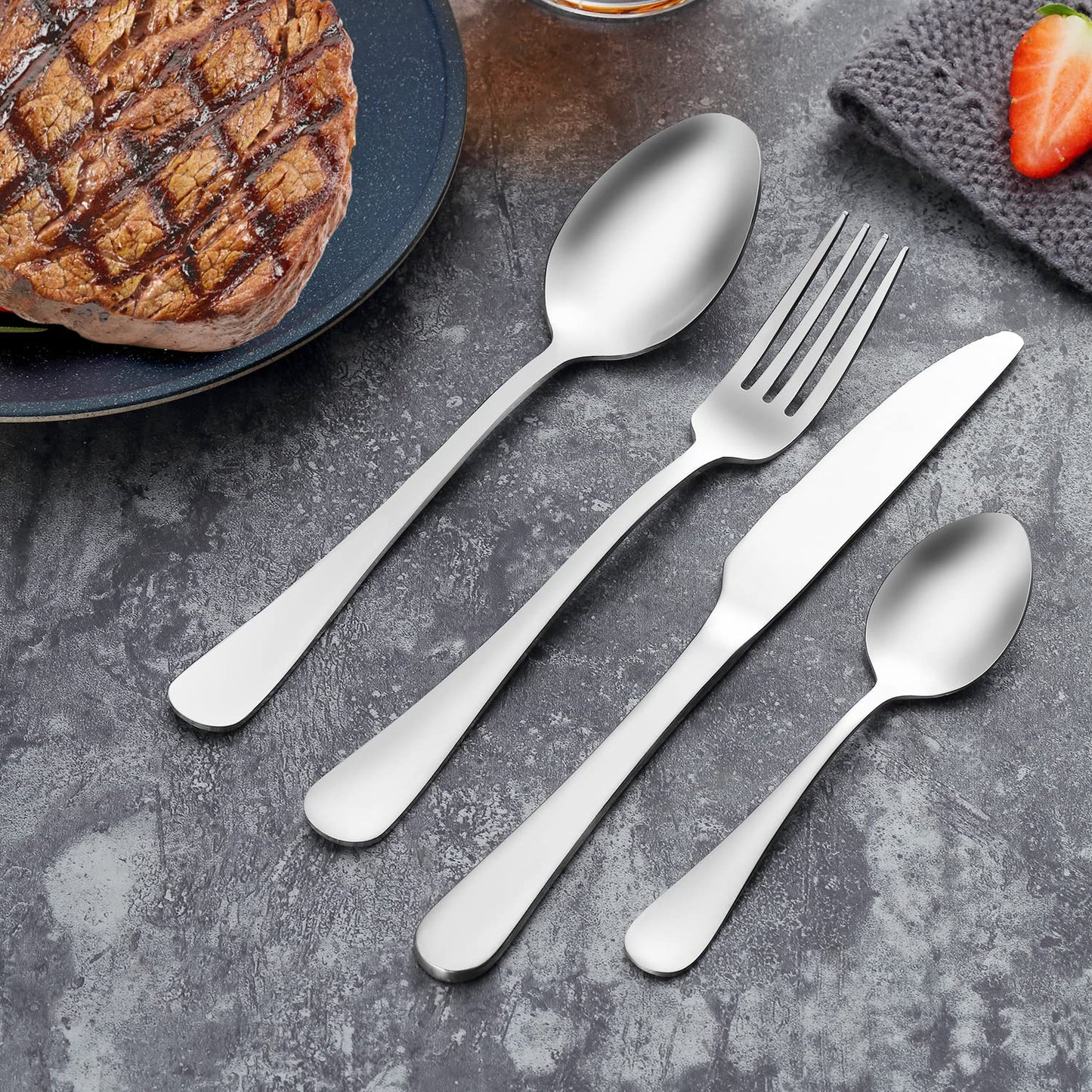 Cutlery Set, BEWOS 16 Piece Stainless Steel Matt Silver Flatware Set, Tableware Silverware Set with Spoon Knife and Fork Set, Service for 4, Dishwasher Safe/Easy Clean 16p Matte Silver 16 Pieces