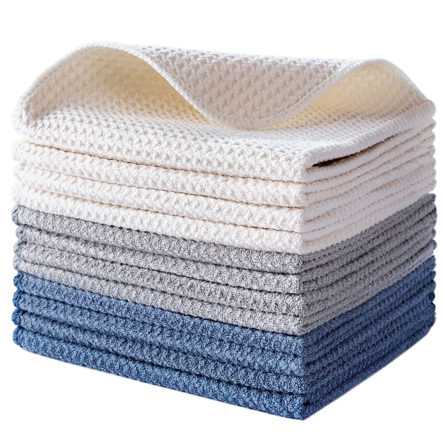 POLYTE Premium Microfibre Kitchen Dish Cloth Waffle Weave (Dark Blue, Gray, Off White, 30x30 cm) 12 Pack Dark Blue, Gray, Off White