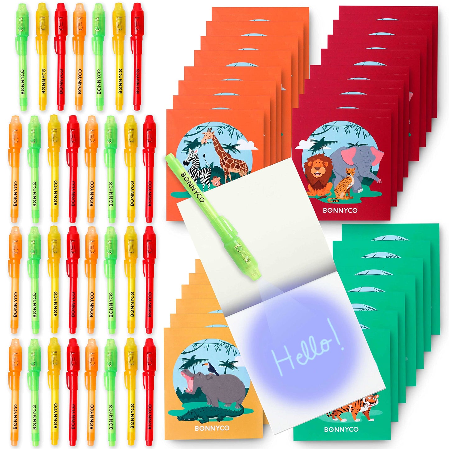 BONNYCO Invisible Ink Pen and Notebook, Pack 32 Jungle Animals Party Bags Filler, Pinata Toys | Jungle Birthday Decorations | Stocking Fillers for Kids Birthday | School Prizes, Gifts for Children Jungle - Pack 32