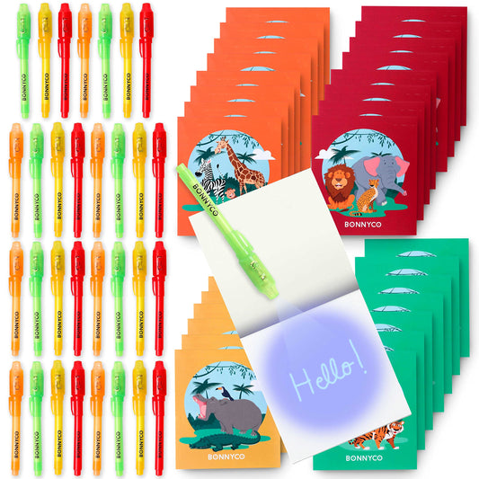 BONNYCO Invisible Ink Pen and Notebook, Pack 32 Jungle Animals Party Bags Filler, Pinata Toys | Jungle Birthday Decorations | Stocking Fillers for Kids Birthday | School Prizes, Gifts for Children Jungle - Pack 32