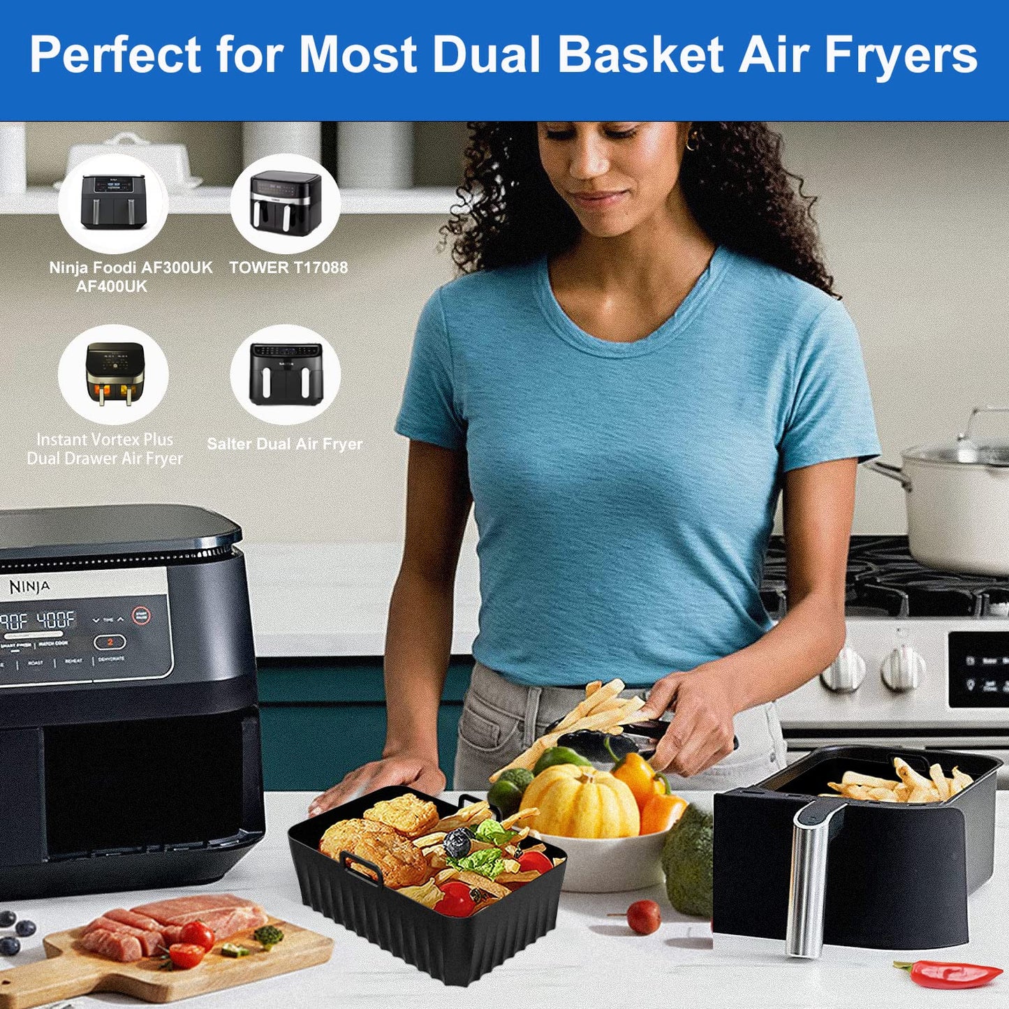 Apluskis 2-Pack Air Fryer Silicone Pots, 8.5 '' Reusable Air Fryer Silicone Liners for Ninja Foodi AF300UK/AF400UK, Tower, Instant Vortex Air Fryer, Food Safe Dual Basket Air Fryer Accessories, Black