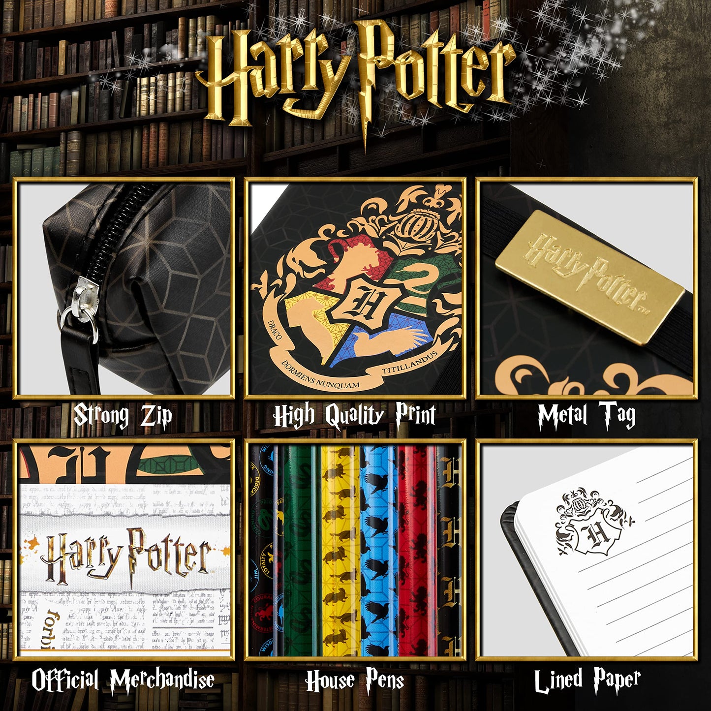 Harry Potter A5 Notebook and Pencil Case for Girls and Boys Stationery Set with Pens, School Supplies for Kids and Teens (Black/Gold) Black/Gold