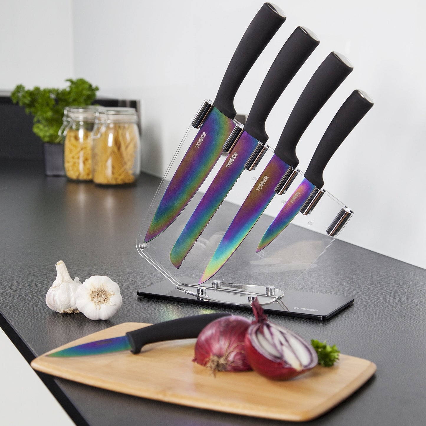 Tower T80703 Kitchen Knife Set with Acrylic Knife Block, Multi-Coloured Blades with Black Handles, 5-Piece 5-piece Knife Set with Stand, Multicolour