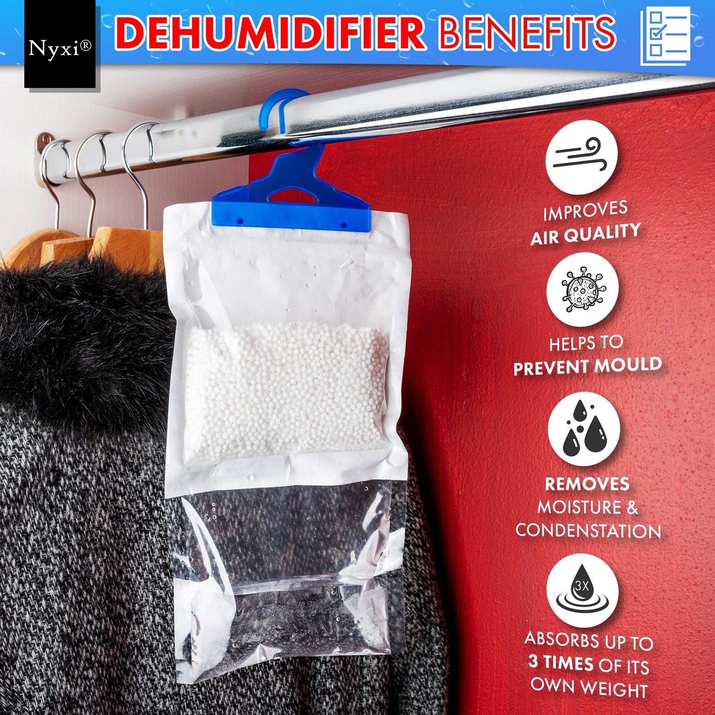 Nyxi Set of 12 Hanging Interior Wardrobe Dehumidifier - 230g Each Bag - Ideal to stop damp, mould mildew & condensation- For Wardrobe, Home, Kitchen, Garage, Bedroom, Caravan, Office, Basement etc Pack of 12