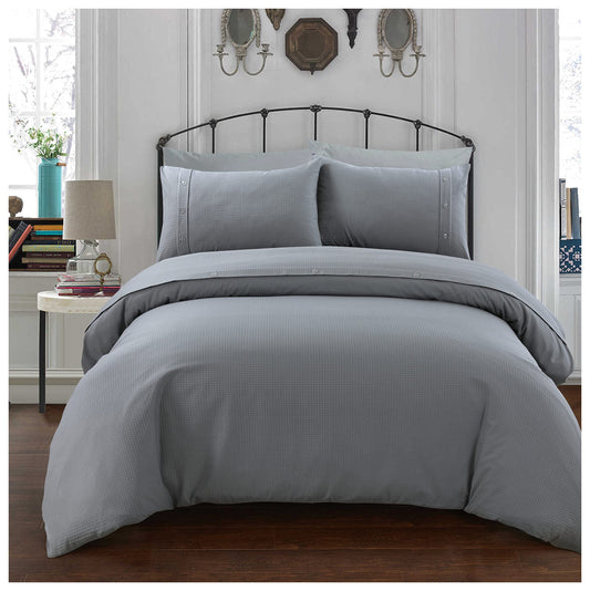 Sleepdown Duvet Cover Set - Grey - Waffle Honeycomb Geometric - Quilt Cover Easy Care Bed Linen Soft Cosy Bedding Sets Pillowcases with Buttons Closure - Double (200cm x 200cm)