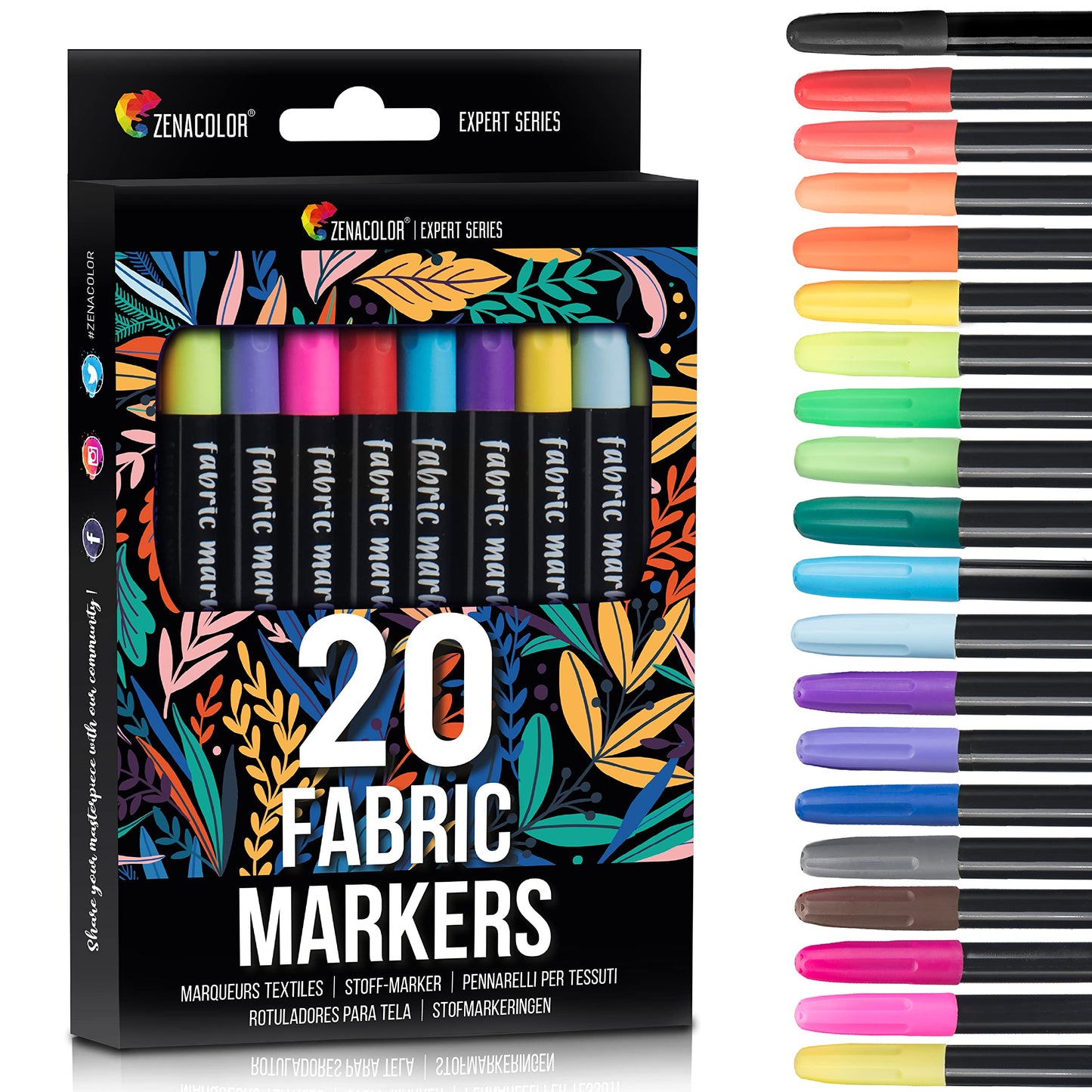 Zenacolor 20 Fabric Markers Pens Set - Non Toxic Fabric Paint Fine Point Textile Marker Pen