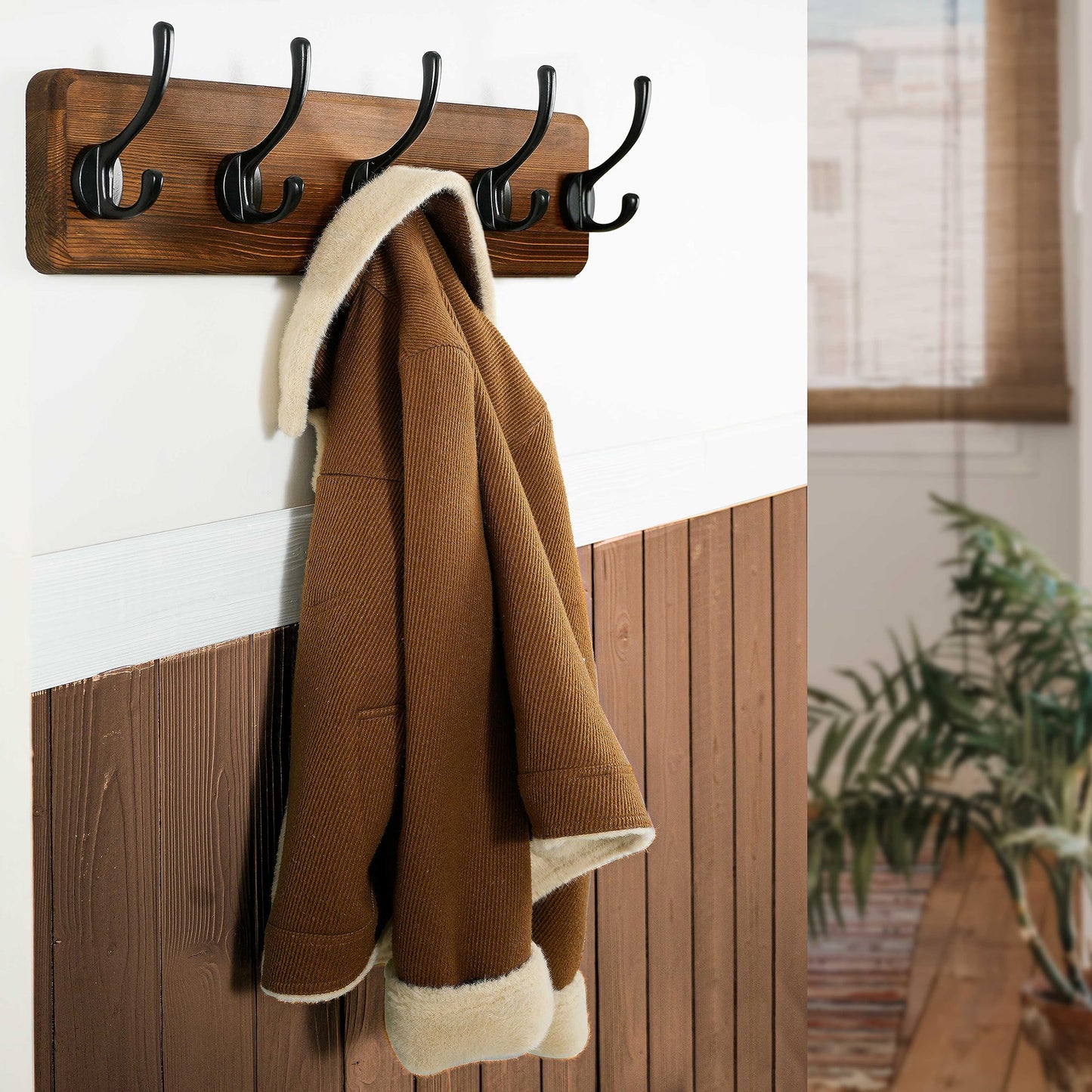 WEBI Coat Rack Wall Mounted,Coat Hooks Wall Mounted,Coat Hanger Wall Wood,5 Hooks for Hanging Coats,Hats,Jacket,Clothes 1 Brown