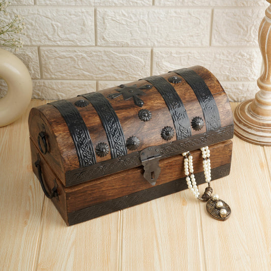 Ajuny Handcrafted Decorative Wooden Treasure Chest Jewelry Storage Large Keepsake Box Durable Multipurpose Trinket Holder Storage Organizer Vintage Wood Chest Boxes Great for Gifts - 11x6 Inch Shell-strips-handle 11 x 6 Inch