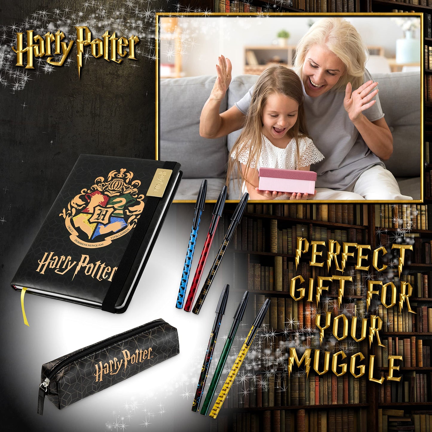 Harry Potter A5 Notebook and Pencil Case for Girls and Boys Stationery Set with Pens, School Supplies for Kids and Teens (Black/Gold) Black/Gold