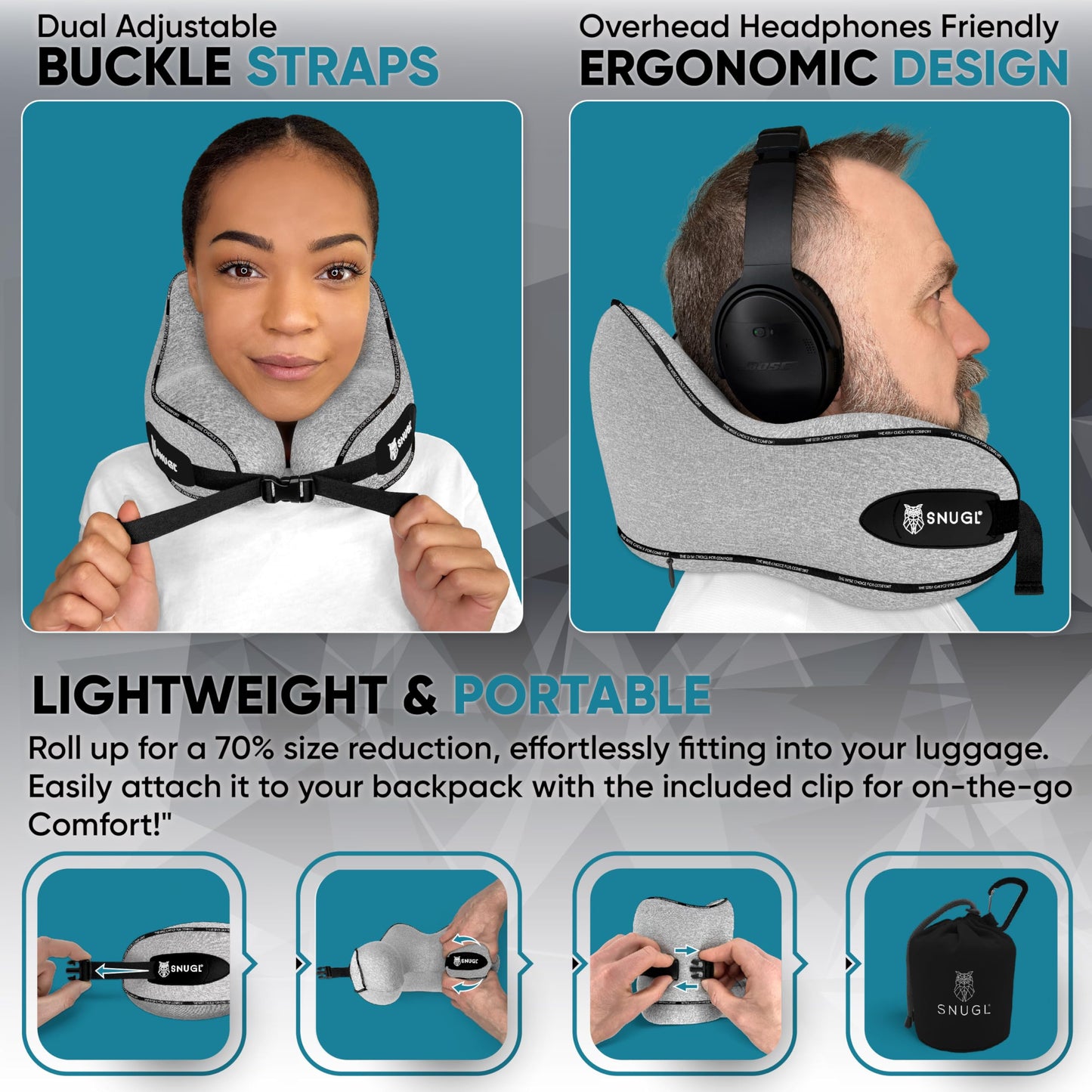 SNUGL Travel Pillow - Memory Foam Neck Cushion - Flight Pillow | Support Neck Pillow for Travel | Travel Neck Pillow for Airplane with Carry Bag & Clip | Flying Travel Essentials (Grey - Small) Adult Small Graphite Grey