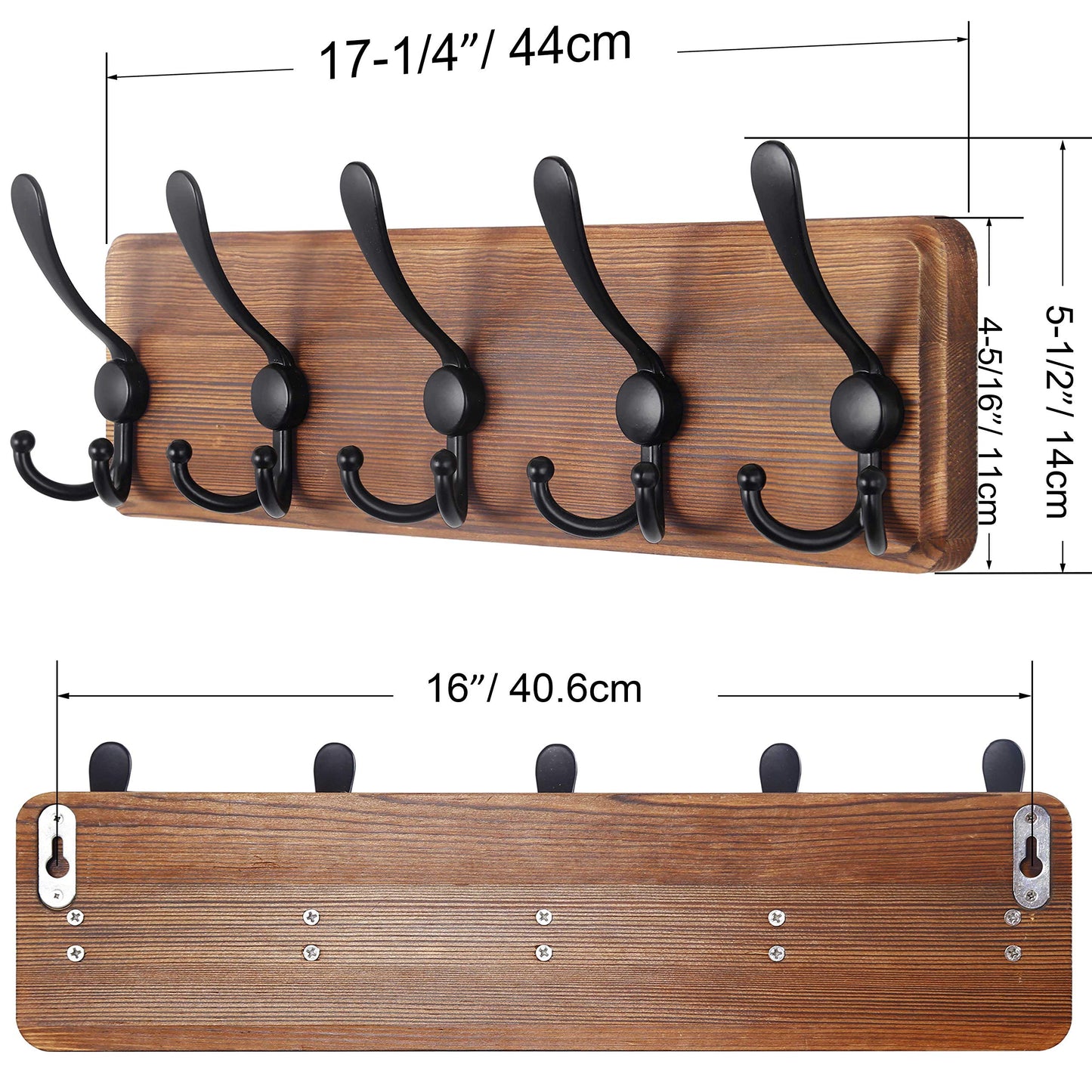 SKOLOO Coat Rack Wall Mounted - Wooden, Heavy Duty, Rustic Coat Hooks for Wall, 16'' Hole to Hole, Wall Coat Rack with 5 Triple Hooks for Hanging Clothes, Jacket, Hat(Brown) 1 Item-5 Hooks Brown Plate & Black Hook