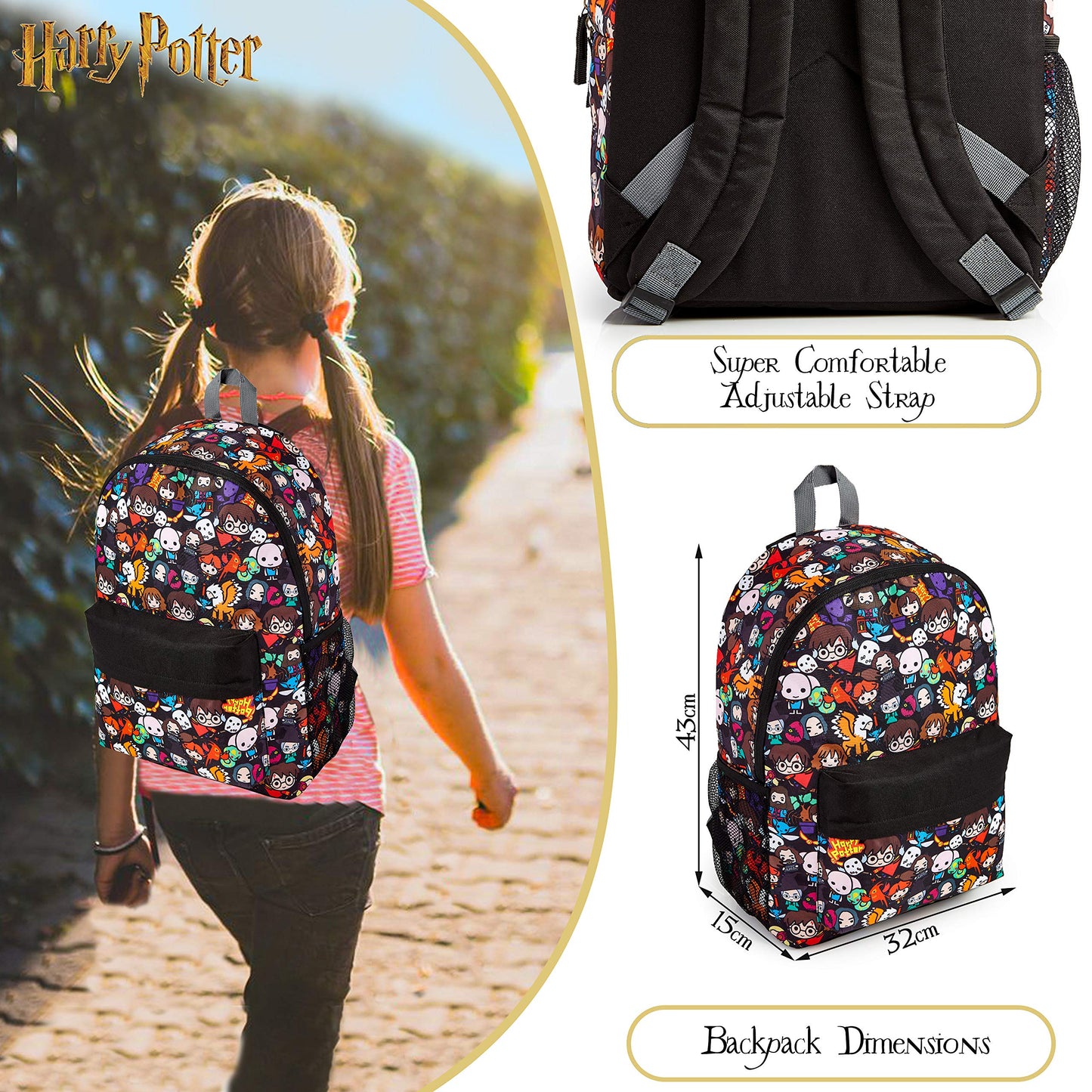 Harry Potter School Bag, Backpacks for Girls Boys with Chibi Character Print, School Supplies for Kids, Large Rucksack for School Travel, Harry Potter Gifts for Boys Girls Teenagers