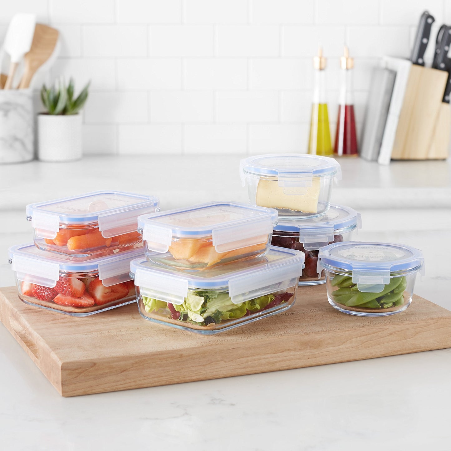 Amazon Basics Airtight Glass Food Storage Container Set with BPA-Free & Locking Plastic Lids, 14 Pieces (7 Containers + 7 Lids), Clear Single