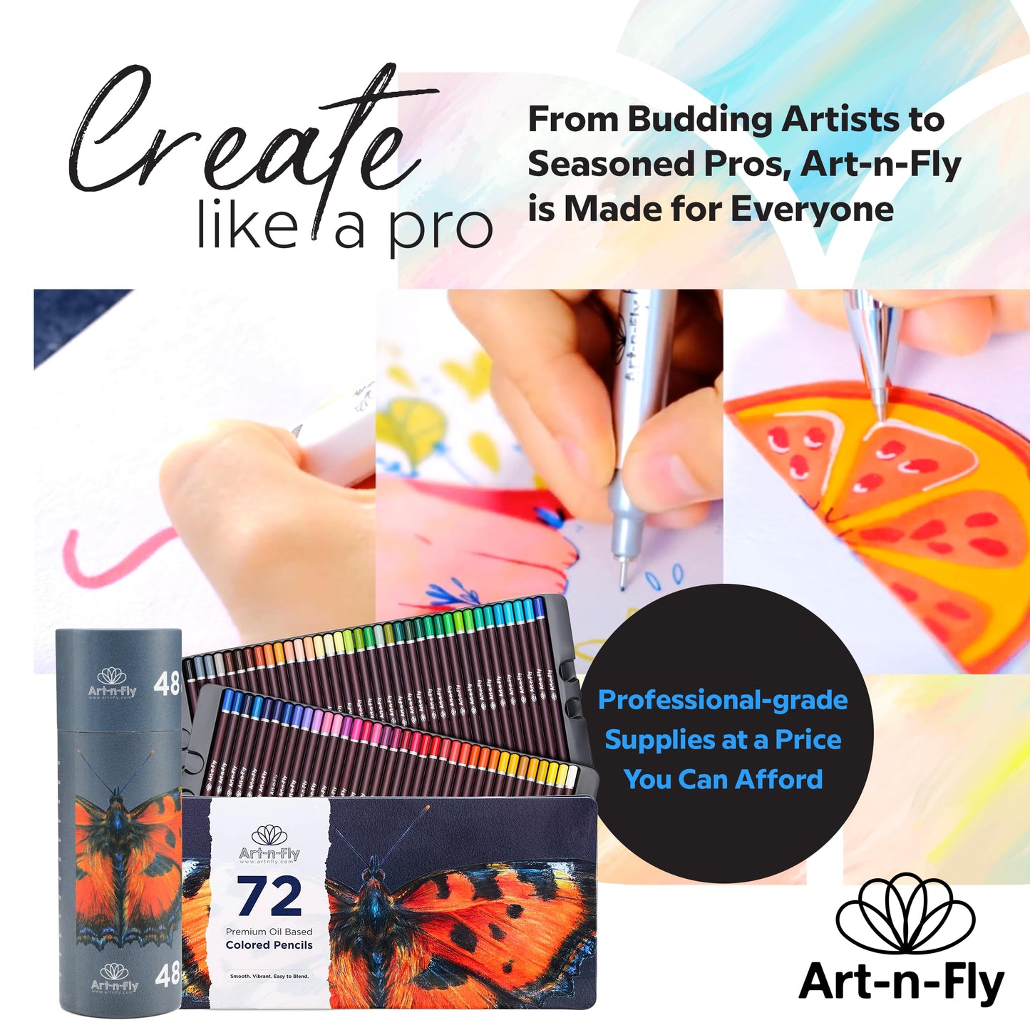 Art-n-Fly 48 Oil Pastel Pencils for Artists - Oil Based Coloured Pencils - Drawing, Sketching and Adult Colouring - Soft Core Art Colouring Pencils Set with Skin Tone 48 Unité (Lot de 1) Cylindrical Box