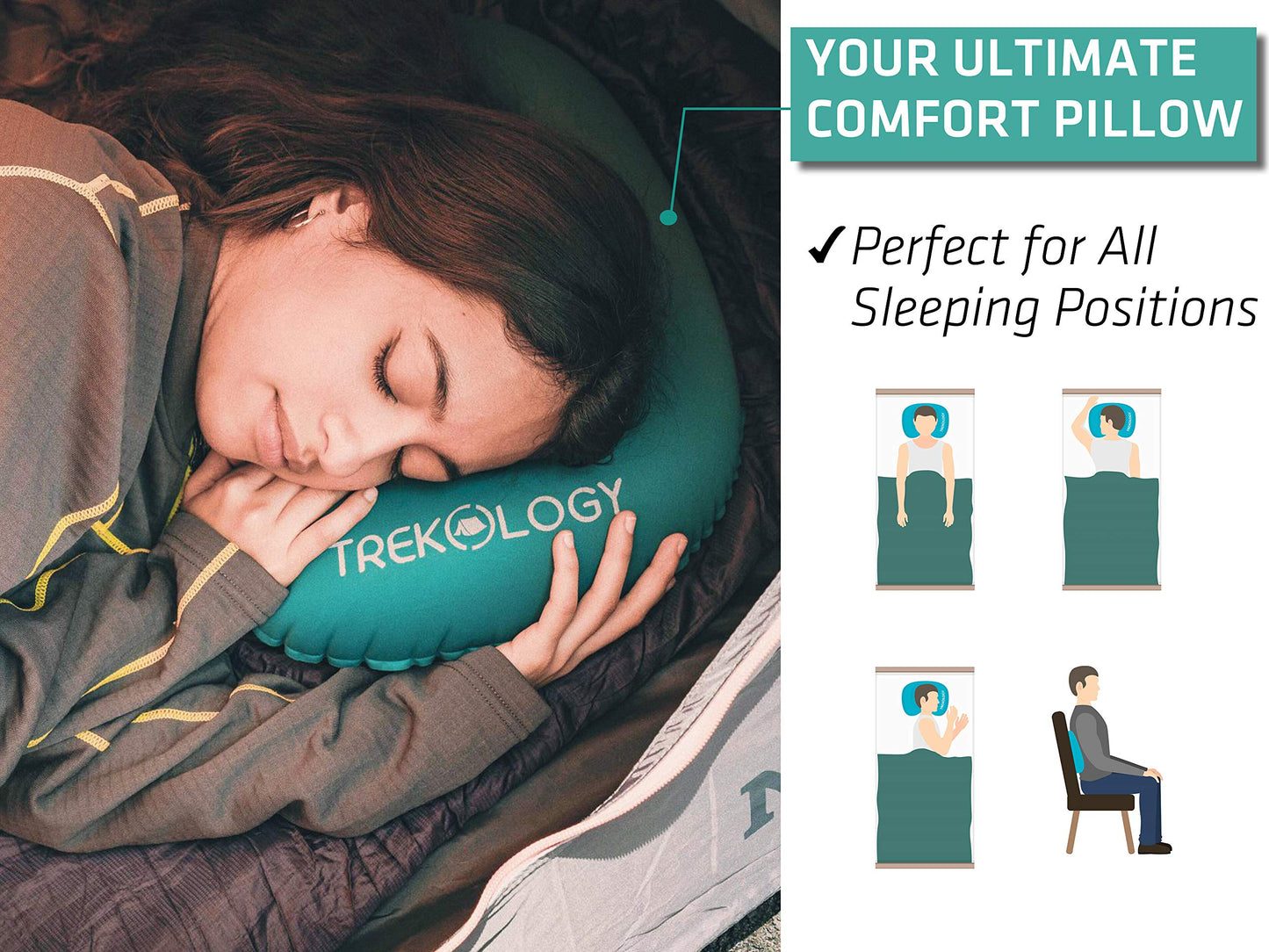 TREKOLOGY Ultralight Inflating Travel/Camping Pillows - Compressible, Compact, Inflatable, Comfortable, Ergonomic Pillow for Neck & Lumbar Support and a Good Night Sleep While Camp, Backpacking Blue - New Design