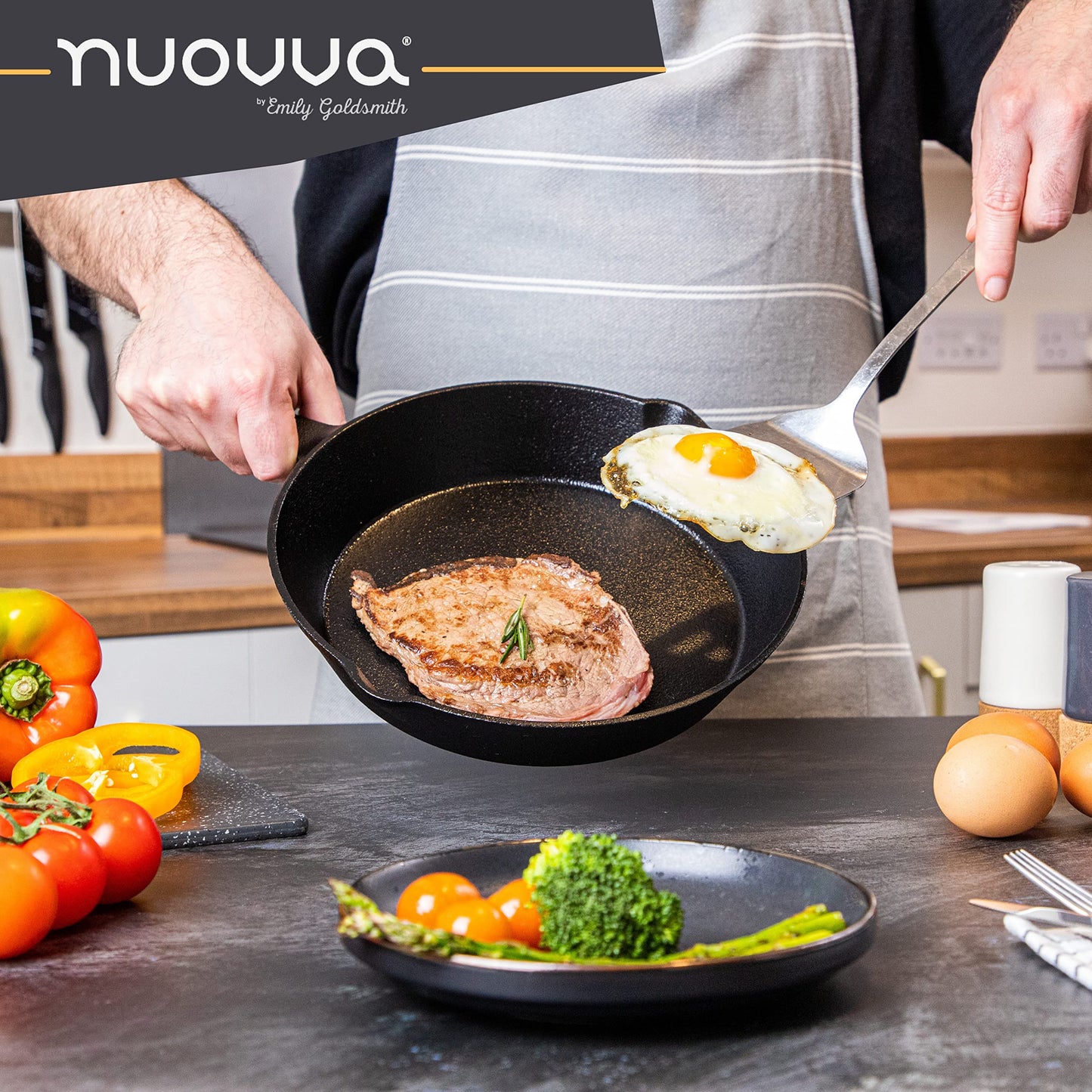 nuovva Pre-Seasoned Cast Iron Skillet Frying Pan Oven Safe Cookware for Indoor & Outdoor Use - Grill, StoveTop, Black (10inch - 25cm) 10 inch