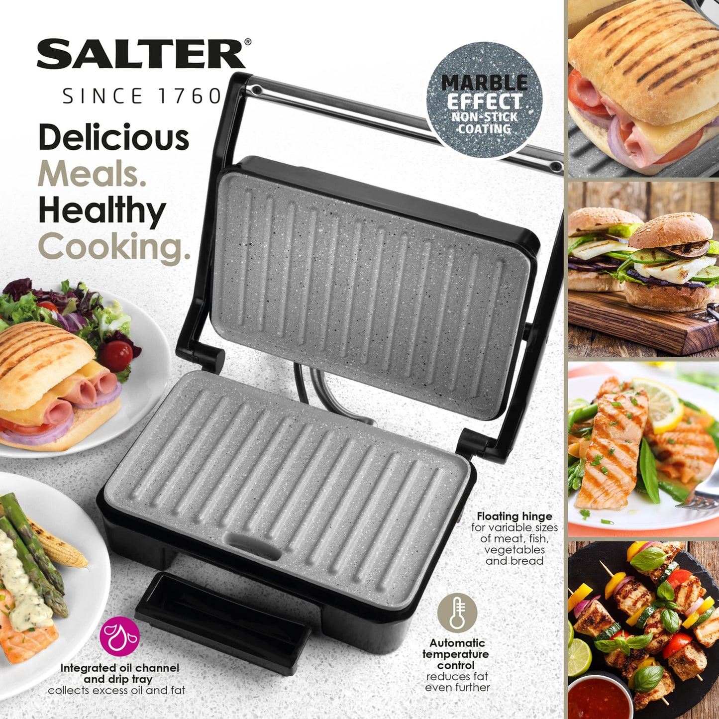 Salter EK2009 Marblestone Electric Health Grill & Panini Press - Non-Stick Plates, Multifunctional Healthy Cooking For Toasted Sandwiches, Kebabs, Steak, Meat, Automatic Temperature Control, 750W