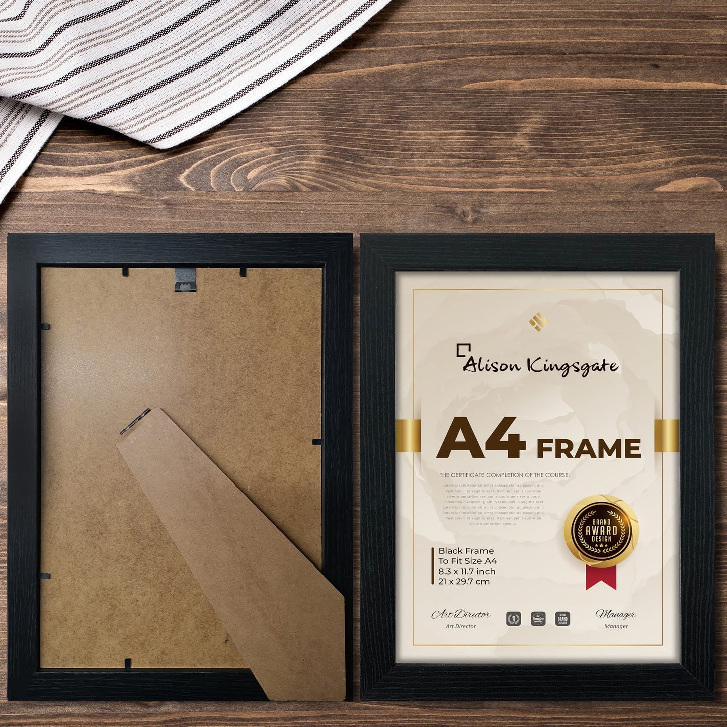 Alison Kingsgate Premium, Black Picture Frame in Size 29.7x21cm Picture Frames - A4 Certificate Frame - Photo Frame, Black with Clear Perspex Sheet & Wall Mounted Hook (Black)