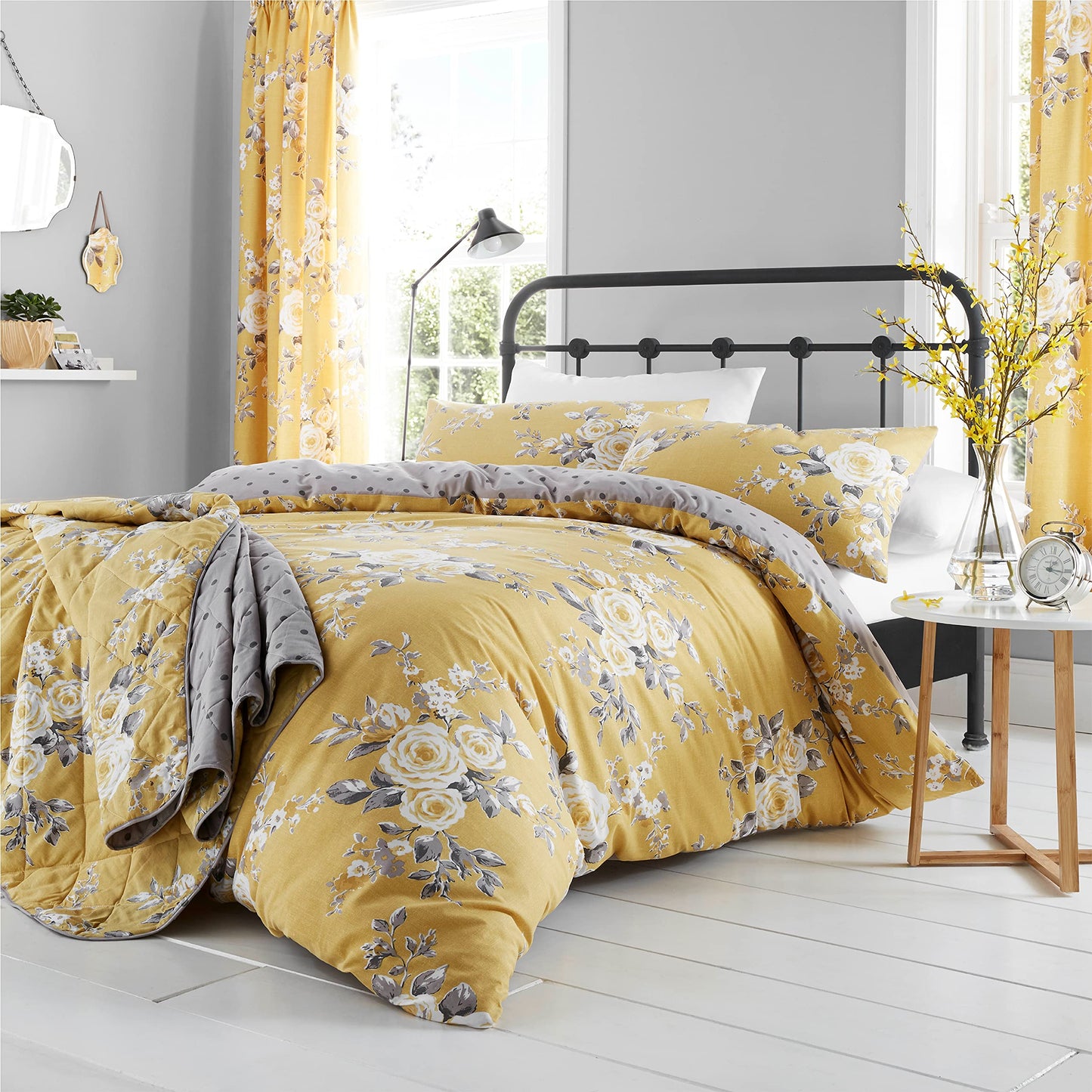 Catherine Lansfield Canterbury Floral Reversible King Duvet Cover Set with Pillowcases Ochre Yellow UK King Duvet Set